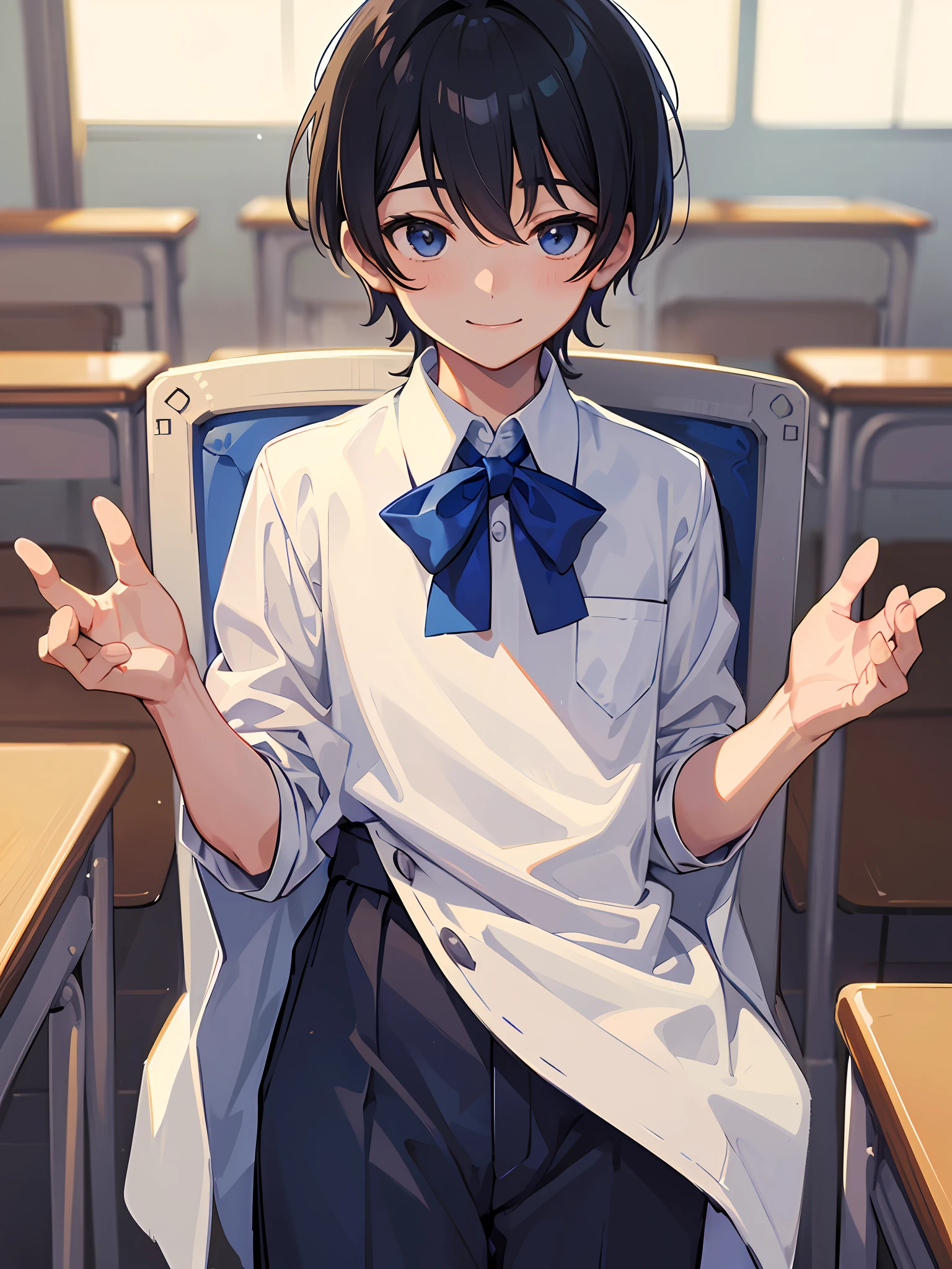 A boy in a school uniform, smiling and gentle in the background, is a classroom. The whole picture creates a harmonious and calm atmosphere, making people feel comfortable and relaxed.
This boy is smiling, gentle and natural, making people feel that he is friendly and kind, and his eyes are also gentle, making people feel very relaxed and happy.