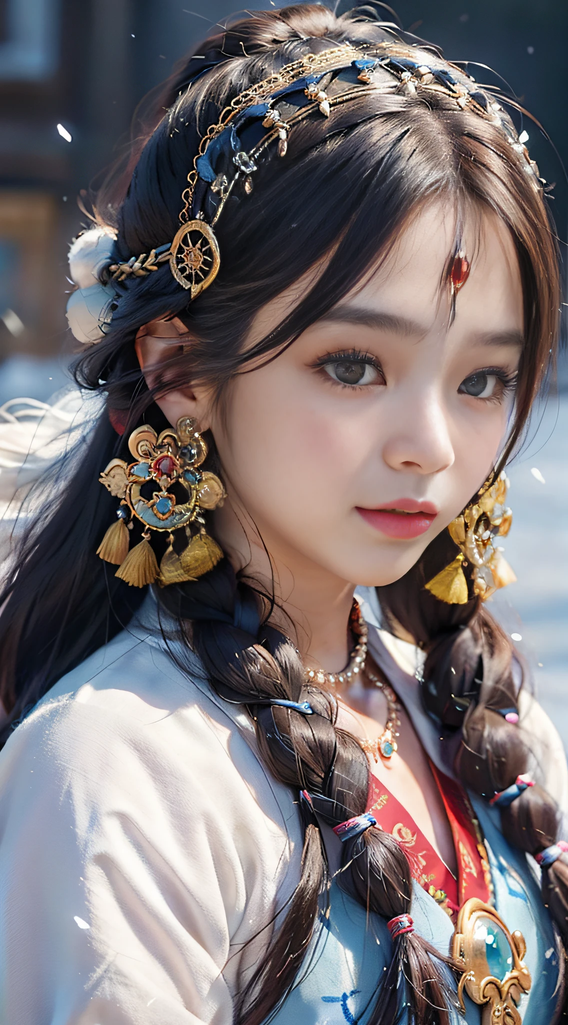 A girl, long braids, Tibetan girl, close-up on front, slightly raised head, smile, front photo, upper body, bust photo, Tibetan costume, colorful clothing, navy blue Tibetan costume, collar with fluff, fluff collar, high-end Tibetan clothing, cumbersome Tibetan clothing design, cold clothing, winter clothing, appearance Yang transcendence, round face shape, gorgeous Tibetan clothing, cumbersome Tibetan necklace, cumbersome Tibetan headdress, colorful headband, real person CG, sweet style, film style, HD 4K, photography effect, studio effect, White glow, mythical wind, snowfield background, character core, picture ratio 16:9, mask fresh.
