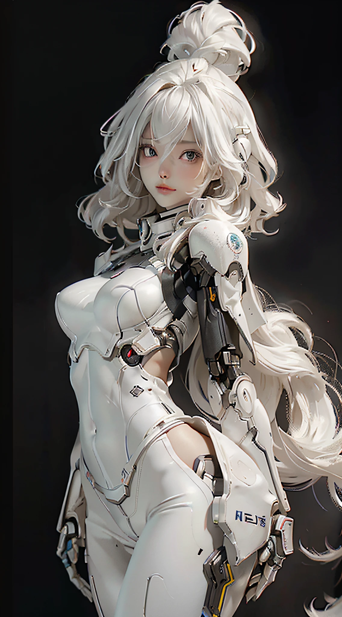 Extremely cute human eighteen year old girl face, human torso, human huge boobs, human abdomen, human hips, robotic arms, mechanical legs, arms and legs with hard white shiny shell and black joints, very beautiful and feminine, short, petite, small, small, busty buttocks, medium bust, cleavage display, flat belly display, partial helmet with antenna on the ear, black robot joints, very stylish, award-winning product design, black rubber tights, The shiny white metal breastplate opens at the cleavage and abdomen, the white metal buttocks are wrinkled, and the armor has stylish, glowing trims