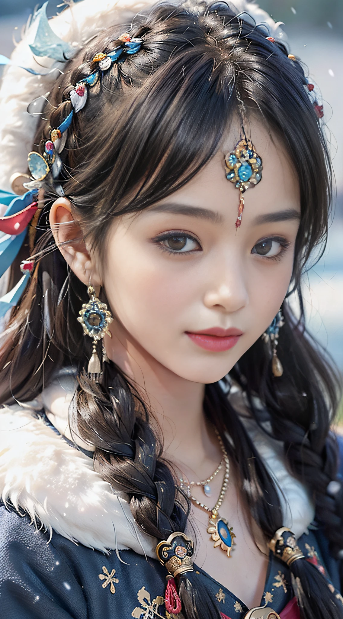 A girl, long braids, Tibetan girl, close-up on front, slightly raised head, smile, front photo, upper body, bust photo, Tibetan costume, colorful clothing, navy blue Tibetan costume, collar with fluff, fluff collar, high-end Tibetan clothing, cumbersome Tibetan clothing design, cold clothing, winter clothing, appearance Yang transcendence, round face shape, gorgeous Tibetan clothing, cumbersome Tibetan necklace, cumbersome Tibetan headdress, colorful headband, real person CG, sweet style, film style, HD 4K, photography effect, studio effect, White glow, mythical wind, snowfield background, character core, picture ratio 16:9, mask fresh.