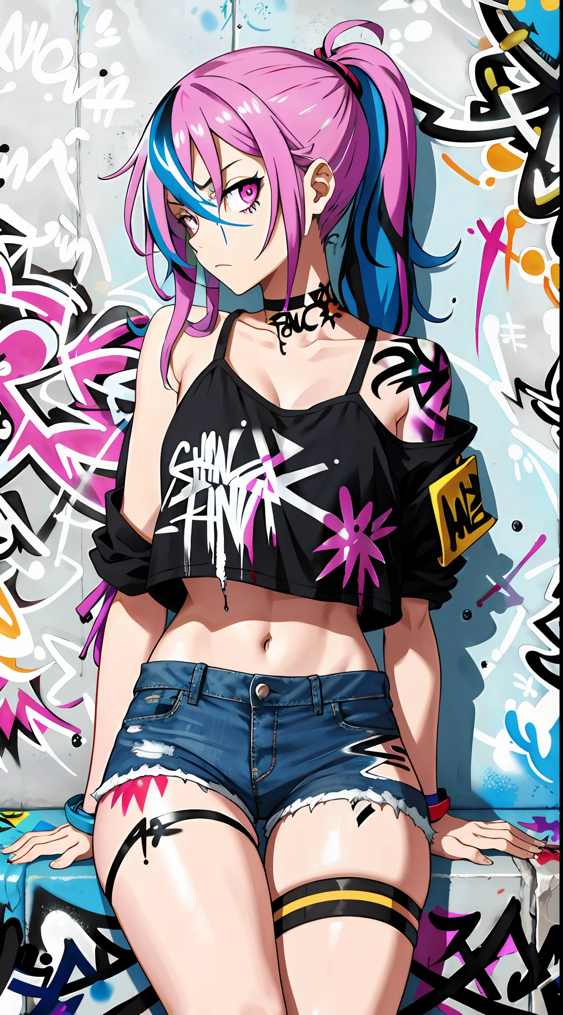 absurdres, best quality,1girl, solo, streaked hair, crop top, denim shorts, choker, (graffiti:1.5), paint splatter, arms behind back, (slouching), leaning back, against wall, (leaning to the side:0.25), looking at viewer, armband, thigh strap, streaked hair, paint on body, upturned eyes, head down, head tilt, (from side:0.75), bored, (expressionless:0.75)