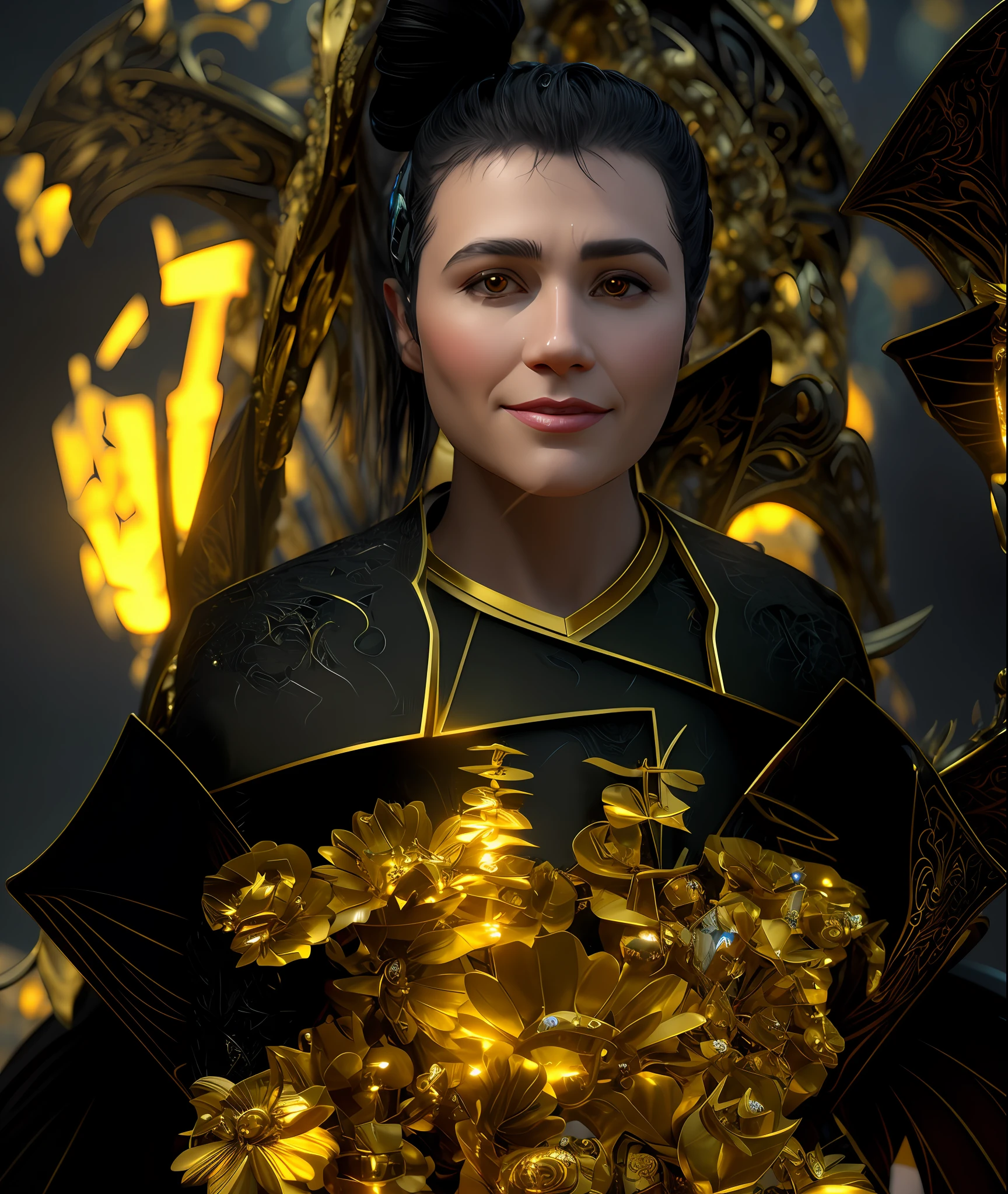 A beautiful symmetrical muscles dressed all over in dragon armor, wings made of gold ornaments and gemstones, made by Alex Gray and Robot Jones, Dawn, black hair, holding golden flowers, concept art, character design, fantasy, 3D, 8k resolution