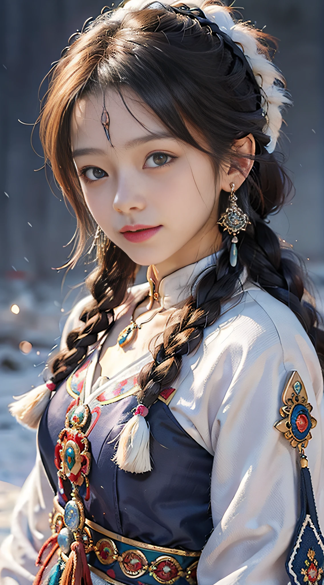 A girl, long braids, Tibetan girl, close-up on front, slightly raised head, smile, front photo, upper body, bust photo, Tibetan costume, colorful clothing, navy blue Tibetan costume, collar with fluff, fluff collar, high-end Tibetan clothing, cumbersome Tibetan clothing design, cold clothing, winter clothing, appearance Yang transcendence, round face shape, gorgeous Tibetan clothing, cumbersome Tibetan necklace, cumbersome Tibetan headdress, colorful headband, real person CG, sweet style, film style, HD 4K, photography effect, studio effect, White glow, mythical wind, snowfield background, character core, picture ratio 16:9, mask fresh.