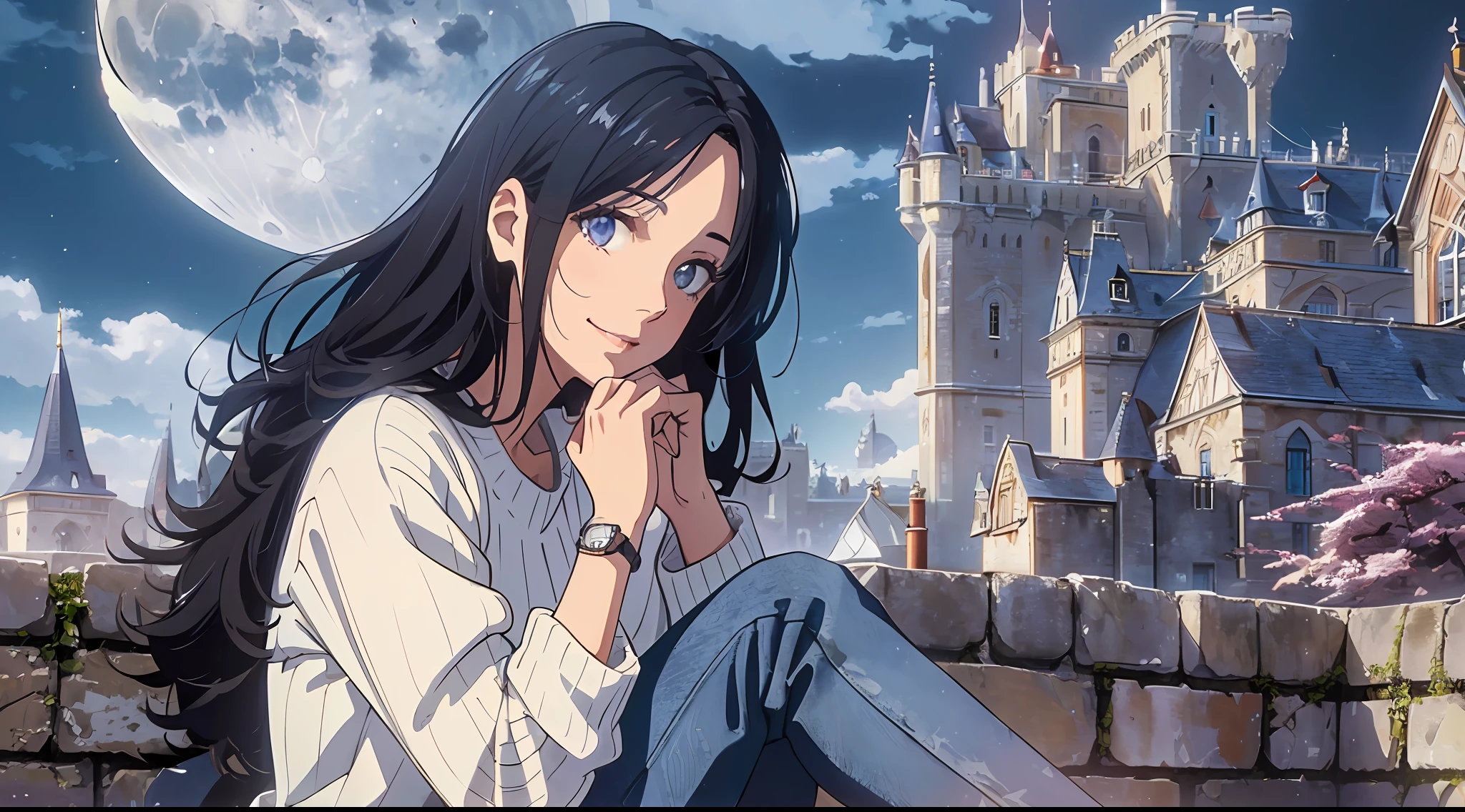 (: 1.2) ((Gerbourg, Pixiv, fine eyes, fine face)), ((Solo)), 1 girl, (sharp but gentle eye shape, purple eye color)), medium chest, (((black hair, long hair, medium strands, messy hair)), watch the viewer, smile, (((bleached jeans, white sweater)), cloudy sky, moonlit night, moon shine, sitting on the ramparts, large castle background, Hands next to the body --auto --s2