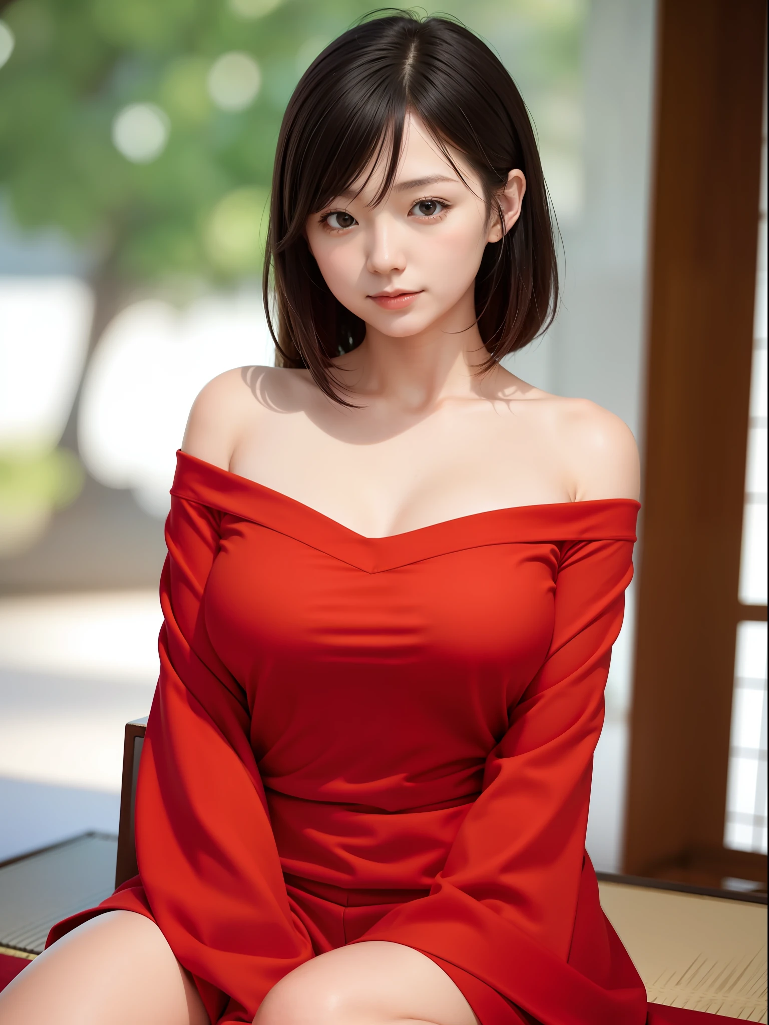 woman,japanese,red shirt,bare shoulders,realistic details, high resolution,bokeh,outstanding details