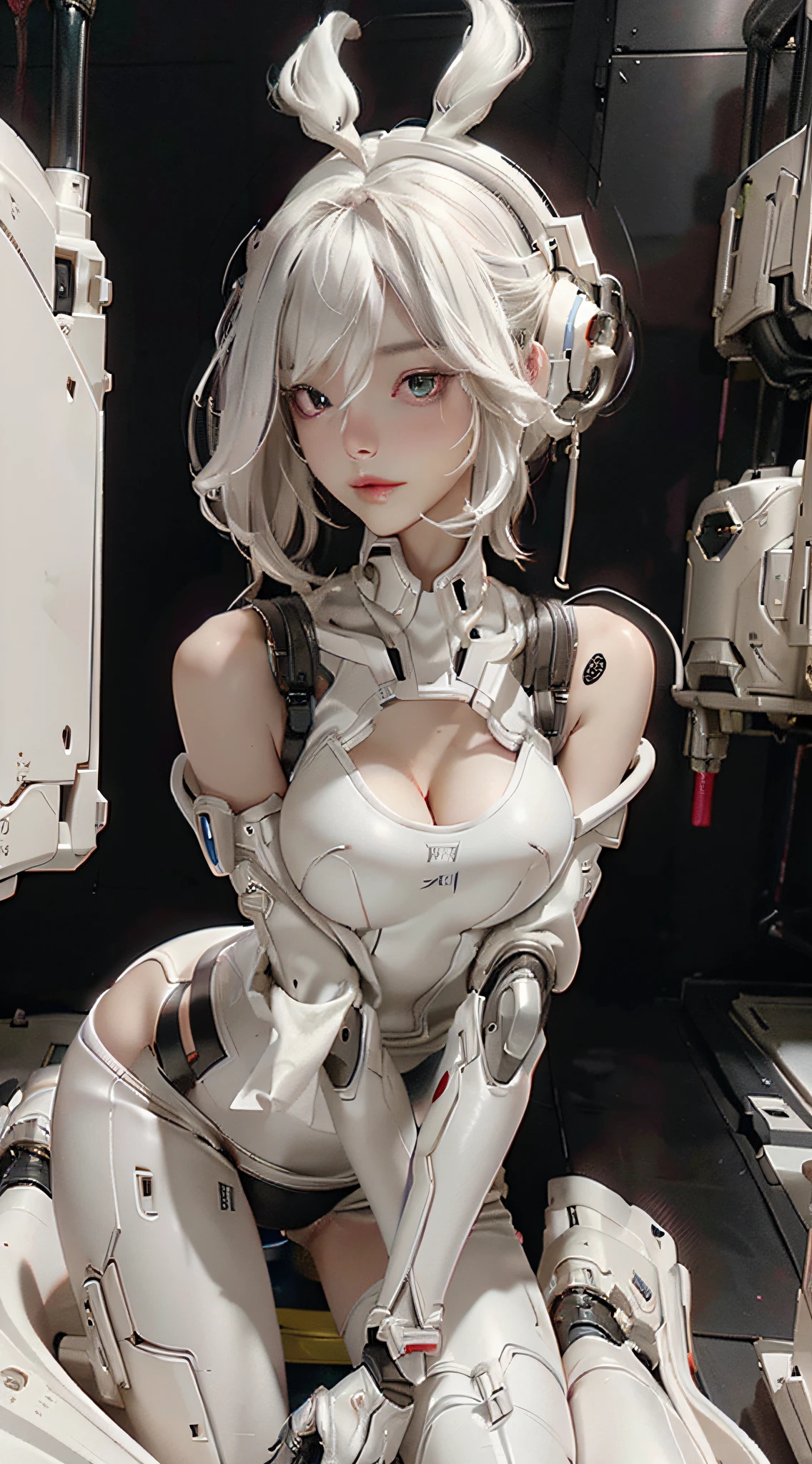 Extremely cute human eighteen year old girl face, human torso, human huge boobs, human abdomen, human hips, robotic arms, mechanical legs, arms and legs with hard white shiny shell and black joints, very beautiful and feminine, short, petite, small, small, busty buttocks, medium bust, cleavage display, flat belly display, partial helmet with antenna on the ear, black robot joints, very stylish, award-winning product design, black rubber tights, The shiny white metal breastplate opens at the cleavage and abdomen, the white metal buttocks are wrinkled, and the armor has stylish, glowing trims