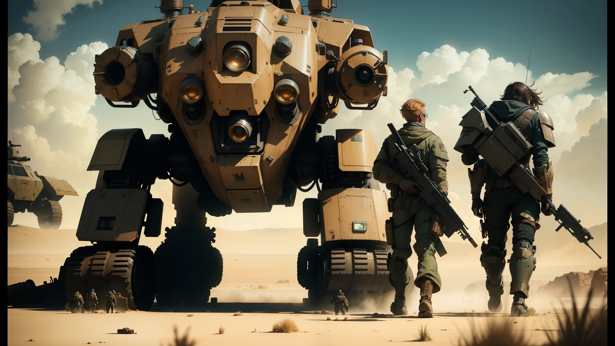 there are three men in military gear standing next to a giant robot, cinematic gritty lighting, cgsociety ), promotional picture, walking the wild west wastelands, promotional image, shot on anamorphic lenses, hidari and vlop, the artist has used bright, highly detailed character design --auto --s2