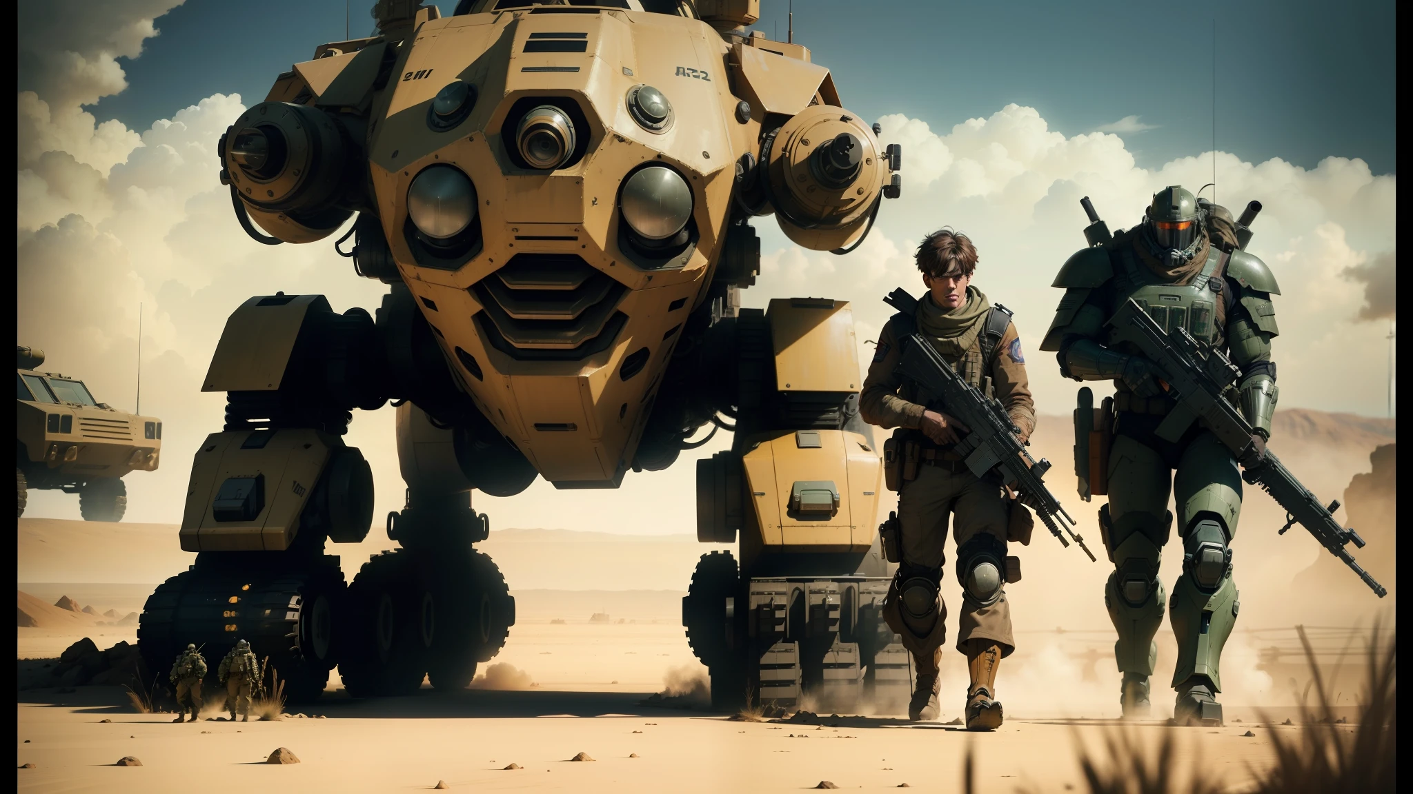 there are three men in military gear standing next to a giant robot, cinematic gritty lighting, cgsociety ), promotional picture, walking the wild west wastelands, promotional image, shot on anamorphic lenses, hidari and vlop, the artist has used bright, highly detailed character design --auto --s2