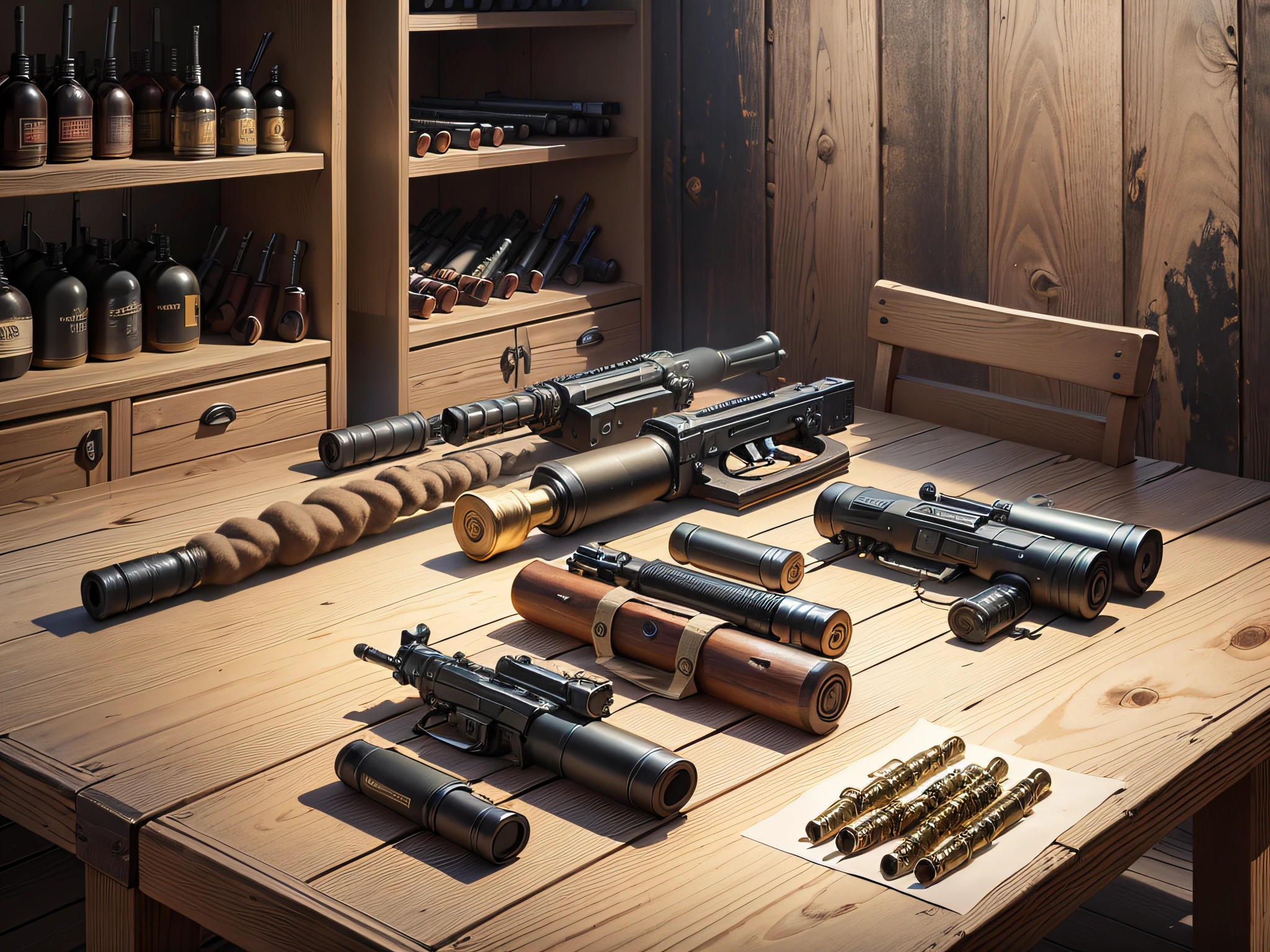Guns and ammunition placed in a wooden table,Short guns and ammunition placed on a black background table,Guns and ammunition are ready to use.,Noisy weapon --auto --s2