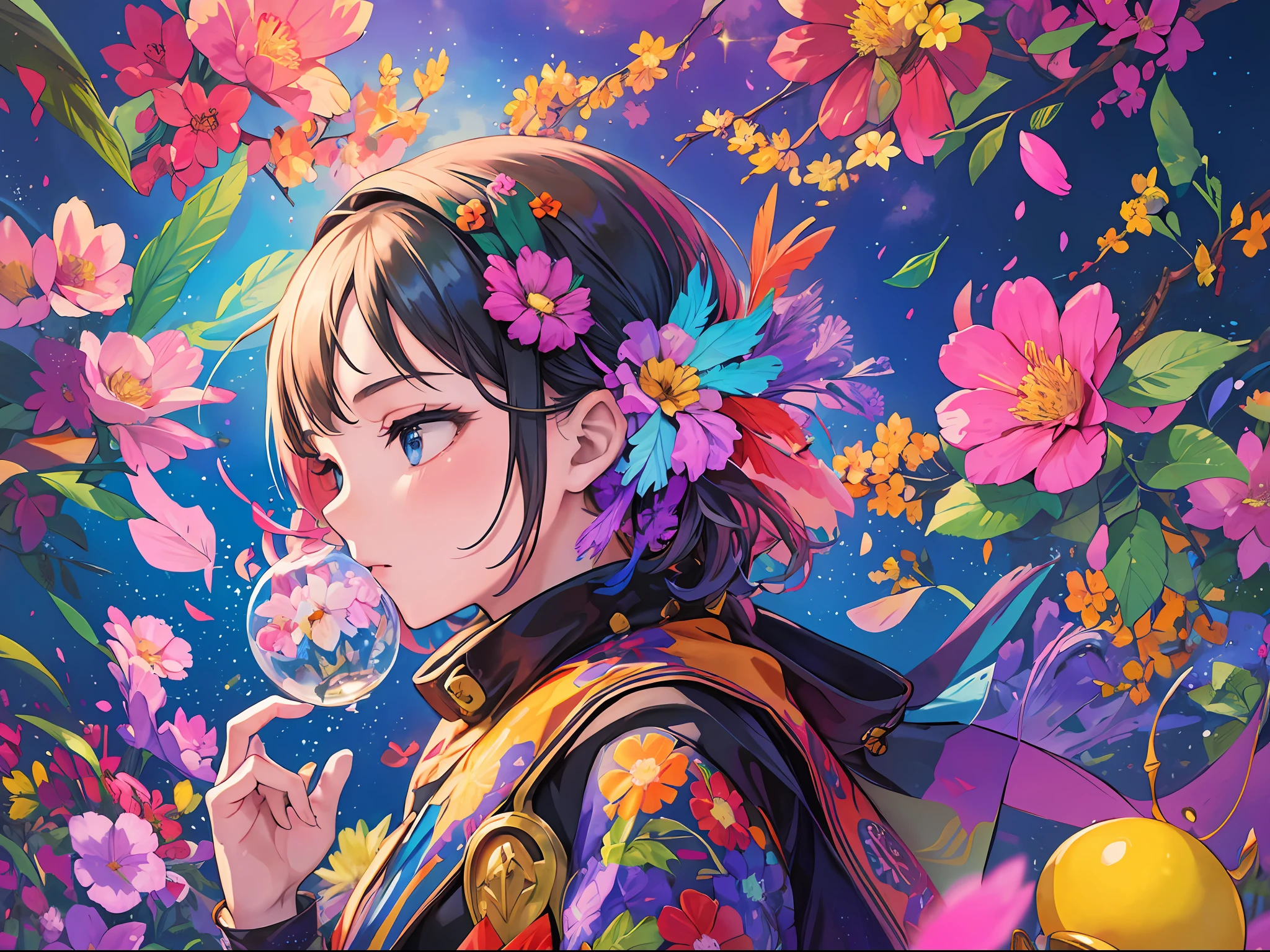1girl, (masterpiece:1.2), colorful, vibrant color enviroment, colorful things around, floating, best quality, beautiful, (vibrant abstract particle:1.2), water, flower, leaf, lantern, petals, foam, bubble, Feather, smoke, absurdres