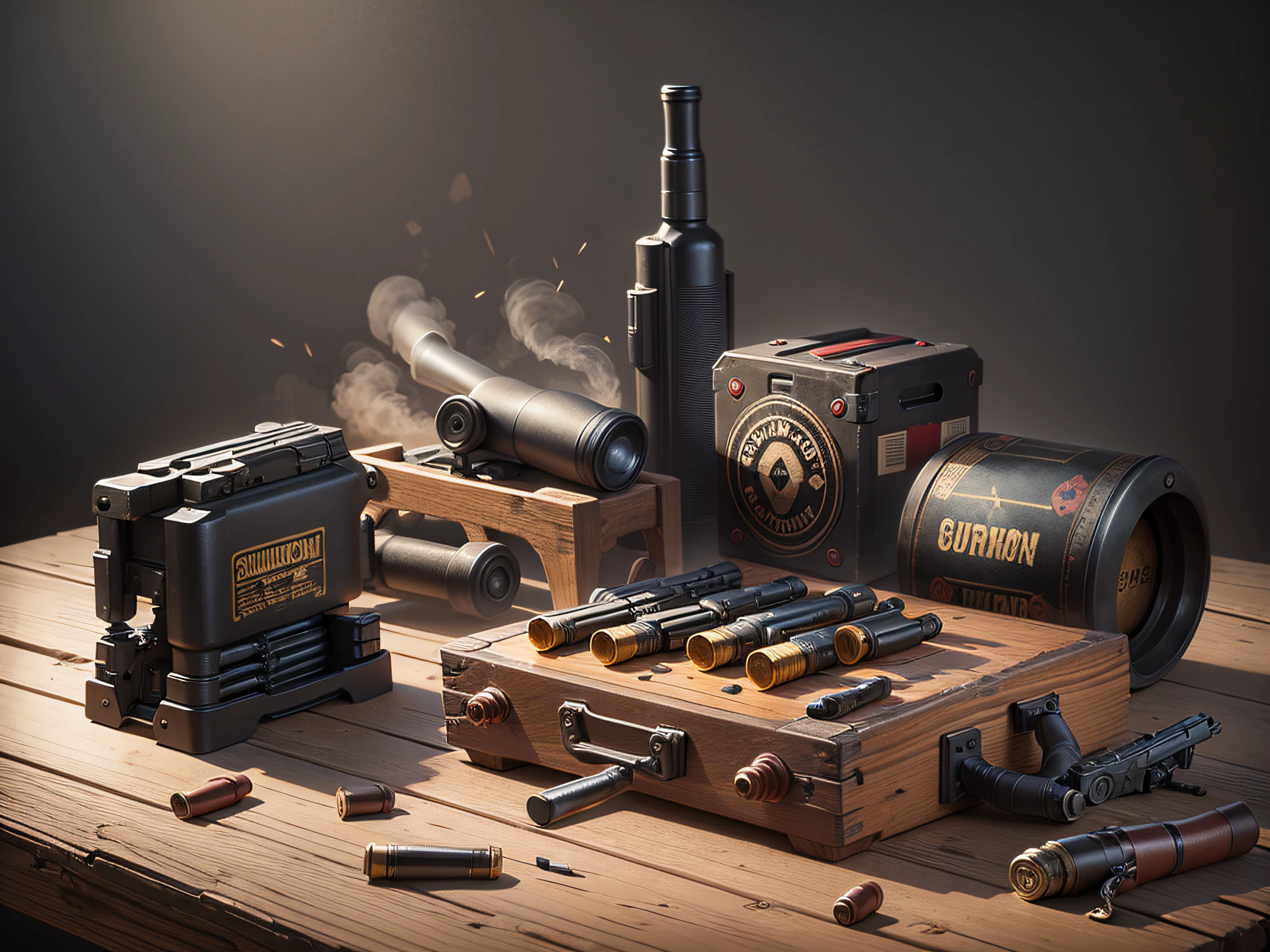 Guns and ammunition placed in a wooden table,Short guns and ammunition placed on a black background table,Guns and ammunition are ready to use.,Noisy weapon --auto --s2