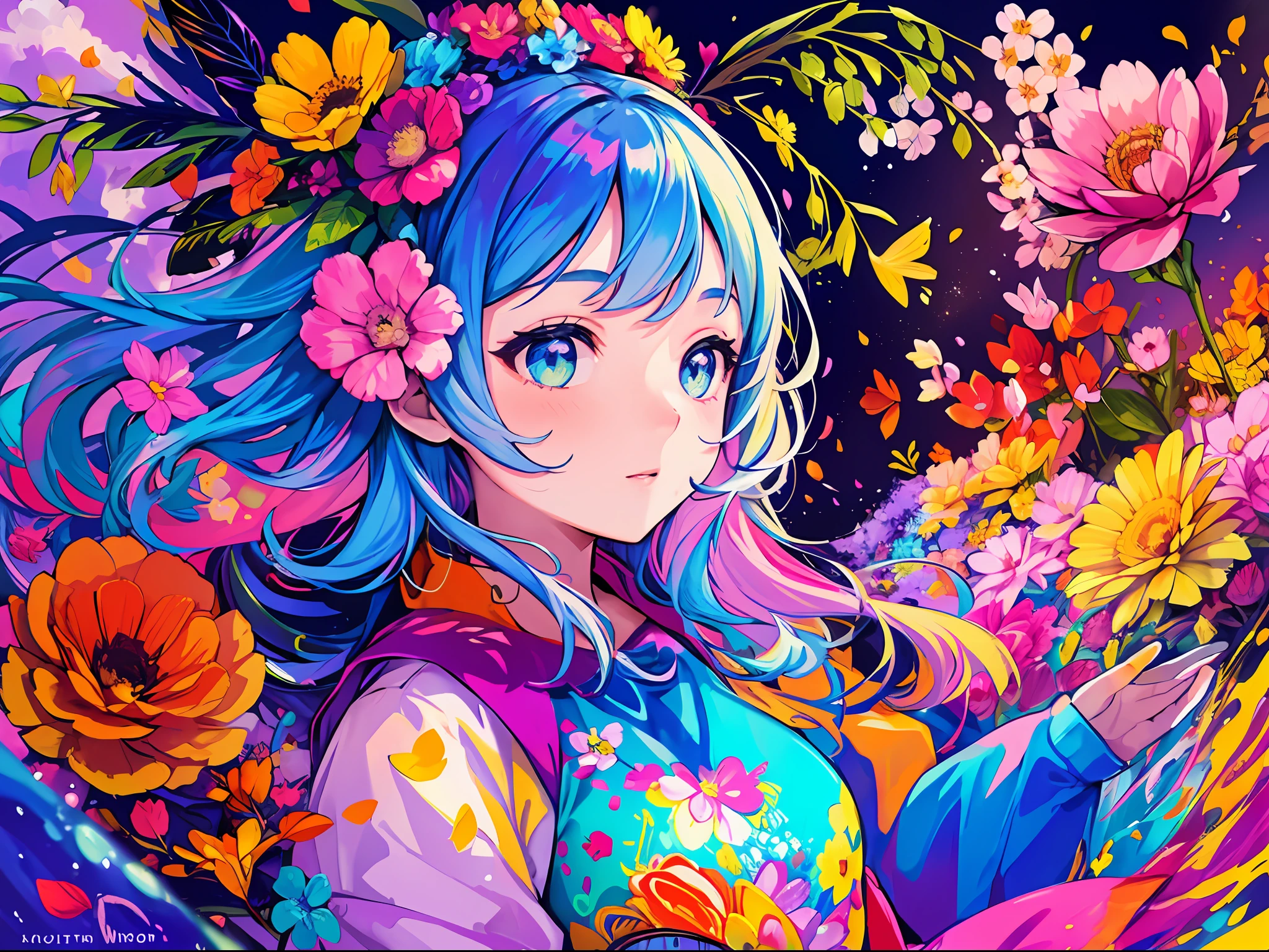 1girl, (masterpiece:1.2), colorful, vibrant color enviroment, colorful things around, floating, best quality, beautiful, (vibrant abstract particle:1.2), water, flower, leaf, lantern, petals, foam, bubble, Feather, smoke,  absurdres