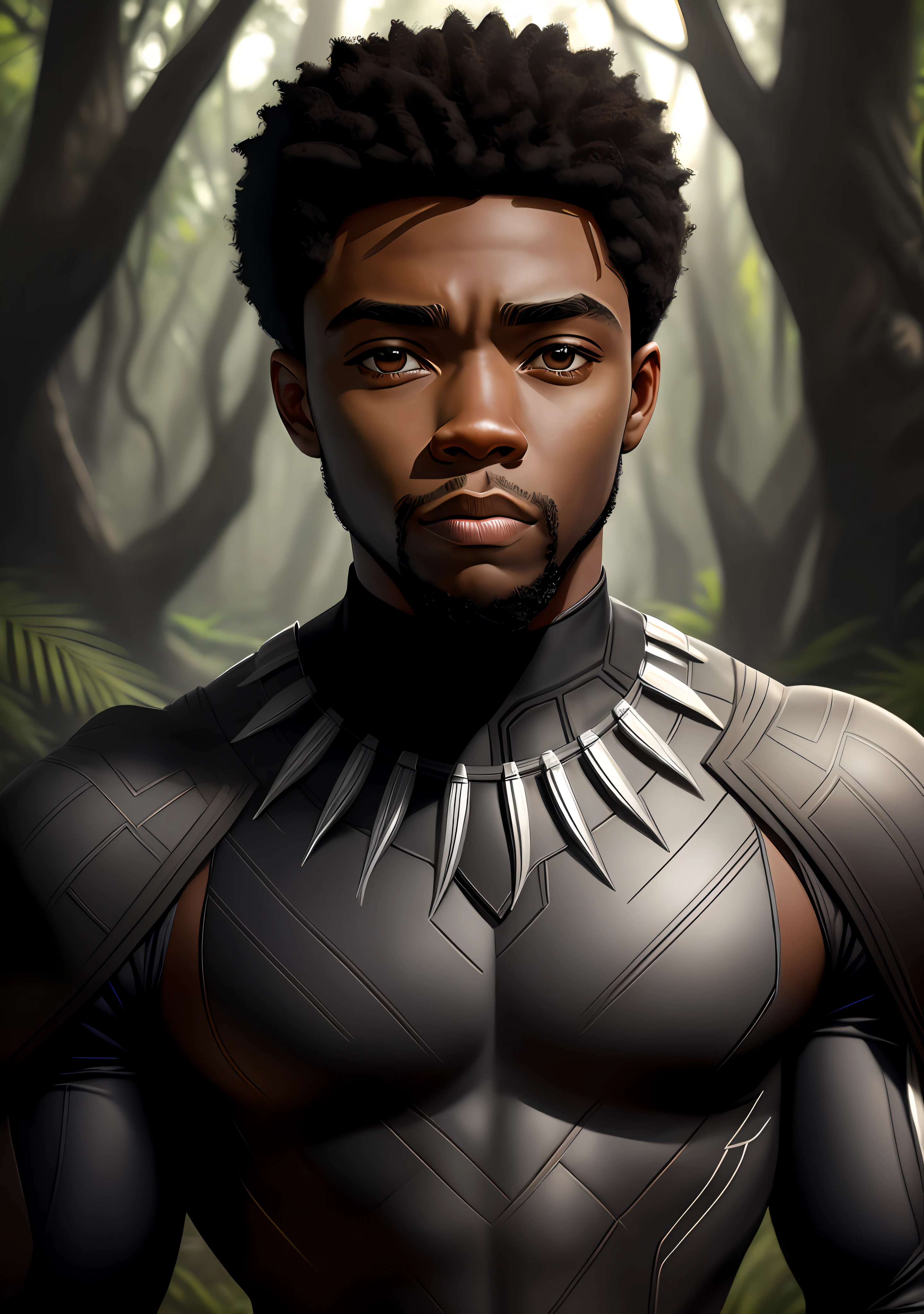 portrait of a photo of Chadwick Boseman with rounded face, hair should be short next to the film of the black panther in an African outfit of black and gray tones, with beard appearing to be over 40 years old, with black eyes, posing an African forest, with two-tone lighting, sharp focus, matte-black matrix,  octane, unreal, low key, character must be muscular, with strong face