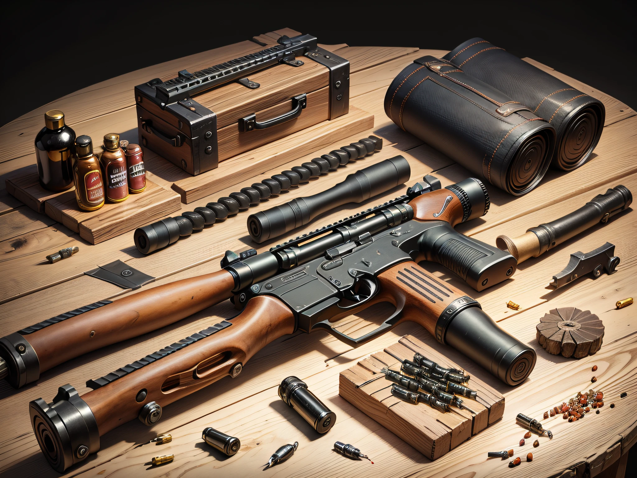 Guns and ammunition placed in a wooden table,Short guns and ammunition placed on a black background table,Guns and ammunition are ready to use.,Noisy weapon --auto --s2