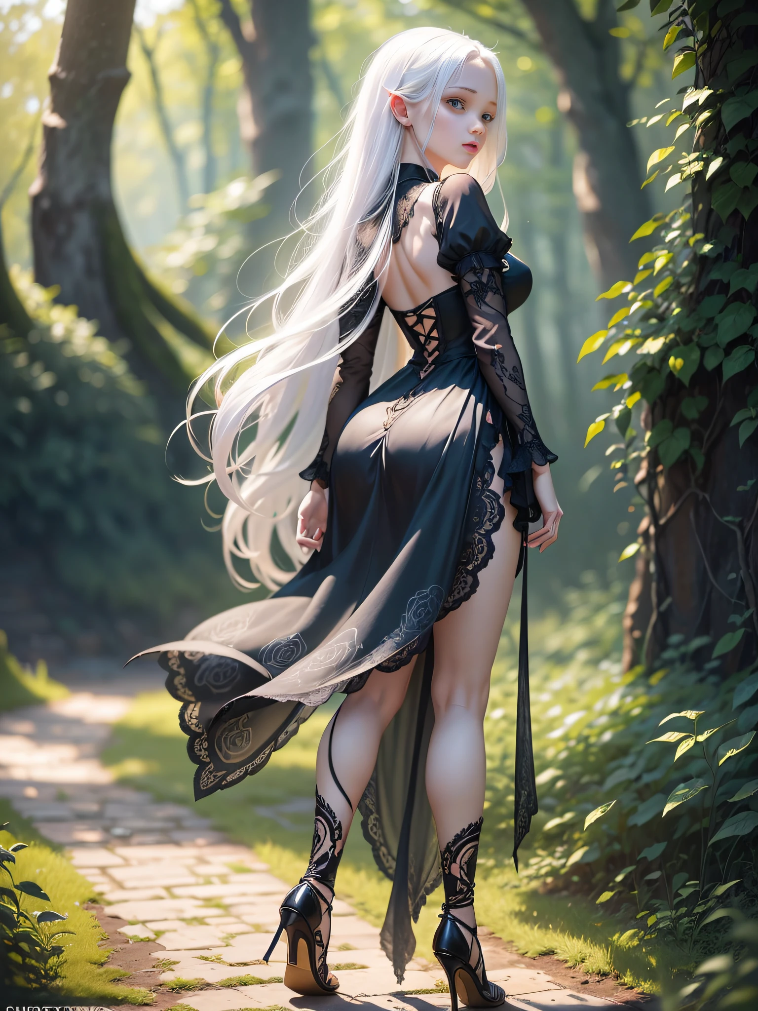 FS, an albino girl with perfect 10 features and long black Rapunzel-like hair, stands in a picturesque Avatar-like scene. Her body is graceful with a petite bust and slender legs. The girl looks stunning in a sheer organza dress with intricate designs. Her high-heeled shoes are elegant with golden patterns. The sunlight creates a subtle silhouette around her contours from the back, while soft and filling light illuminates her from the front. This scene has photorealistic qualities and is a concept art that creates a wow effect of:2. It can be found on the website 500px with hyper-superior details of:2. --auto --s2