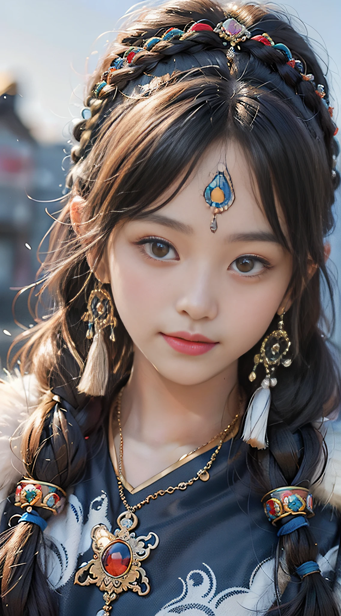 A girl, long braids, Tibetan girl, close-up on front, slightly raised head, smile, front photo, upper body, bust photo, Tibetan costume, colorful clothing, navy blue Tibetan costume, collar with fluff, fluff collar, high-end Tibetan clothing, cumbersome Tibetan clothing design, cold clothing, winter clothing, appearance Yang transcendence, round face shape, gorgeous Tibetan clothing, cumbersome Tibetan necklace, cumbersome Tibetan headdress, colorful headband, real person CG, sweet style, film style, HD 4K, photography effect, studio effect, White glow, mythical wind, snowfield background, character core, picture ratio 16:9, mask fresh.