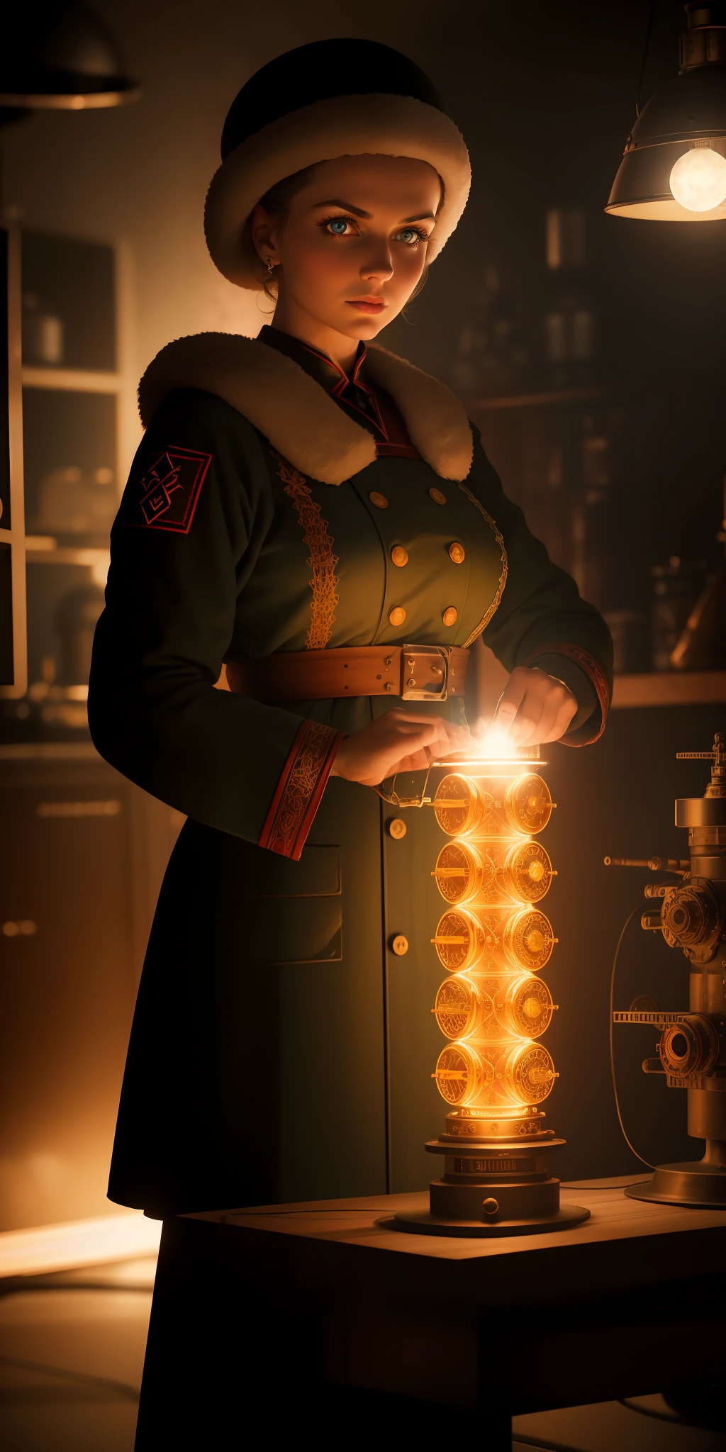 postapocalypse, High detail RAW color Photo, closeup shot, of (rebellious 1950s Polish woman, wearing Slavic attire, military Cossack Ushanka), (standing in (Atompunk) soviet union kitchen), (Cyrillic tattoos), (elegant, beautiful face), (retrofuturism), perfect hands, alluring eyes, mechanical, gears, (detailed skin), (oil:0.6), (tesla coil:0.4), (Nixie tube:0.8), (highly detailed, hyperdetailed, intricate), (bloom:0.4), soft lighting, (side lighting:0.8), shadow casting, deep focus, photographed on a Canon 5D, 24mm macro lens, F/8 aperture, film still, (Cursed soldiers, rebellion)