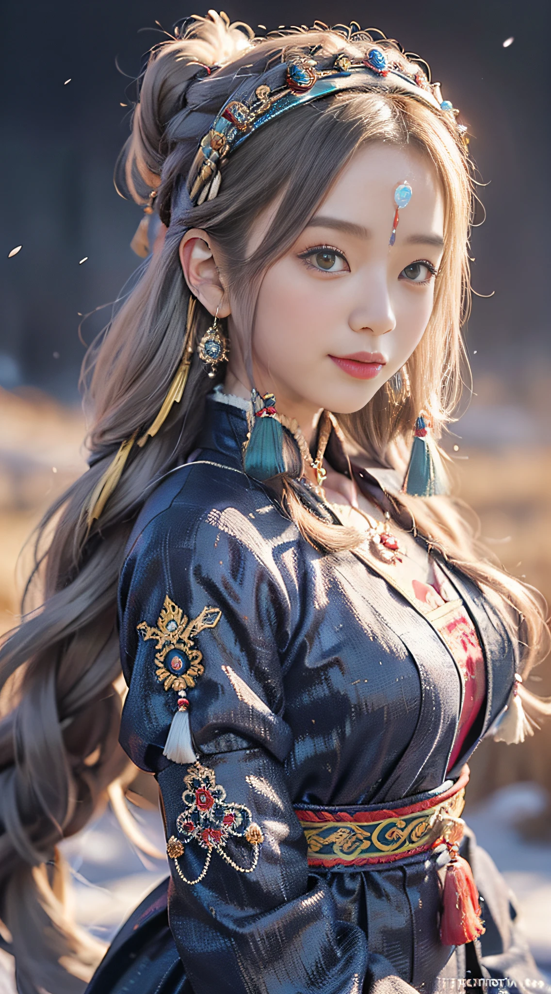 A girl, long braids, Tibetan girl, close-up on front, slightly raised head, smile, front photo, upper body, bust photo, Tibetan costume, colorful clothing, navy blue Tibetan costume, collar with fluff, fluff collar, high-end Tibetan clothing, cumbersome Tibetan clothing design, cold clothing, winter clothing, appearance Yang transcendence, round face shape, gorgeous Tibetan clothing, cumbersome Tibetan necklace, cumbersome Tibetan headdress, colorful headband, real person CG, sweet style, film style, HD 4K, photography effect, studio effect, White glow, mythical wind, snowfield background, character core, picture ratio 16:9, mask fresh.