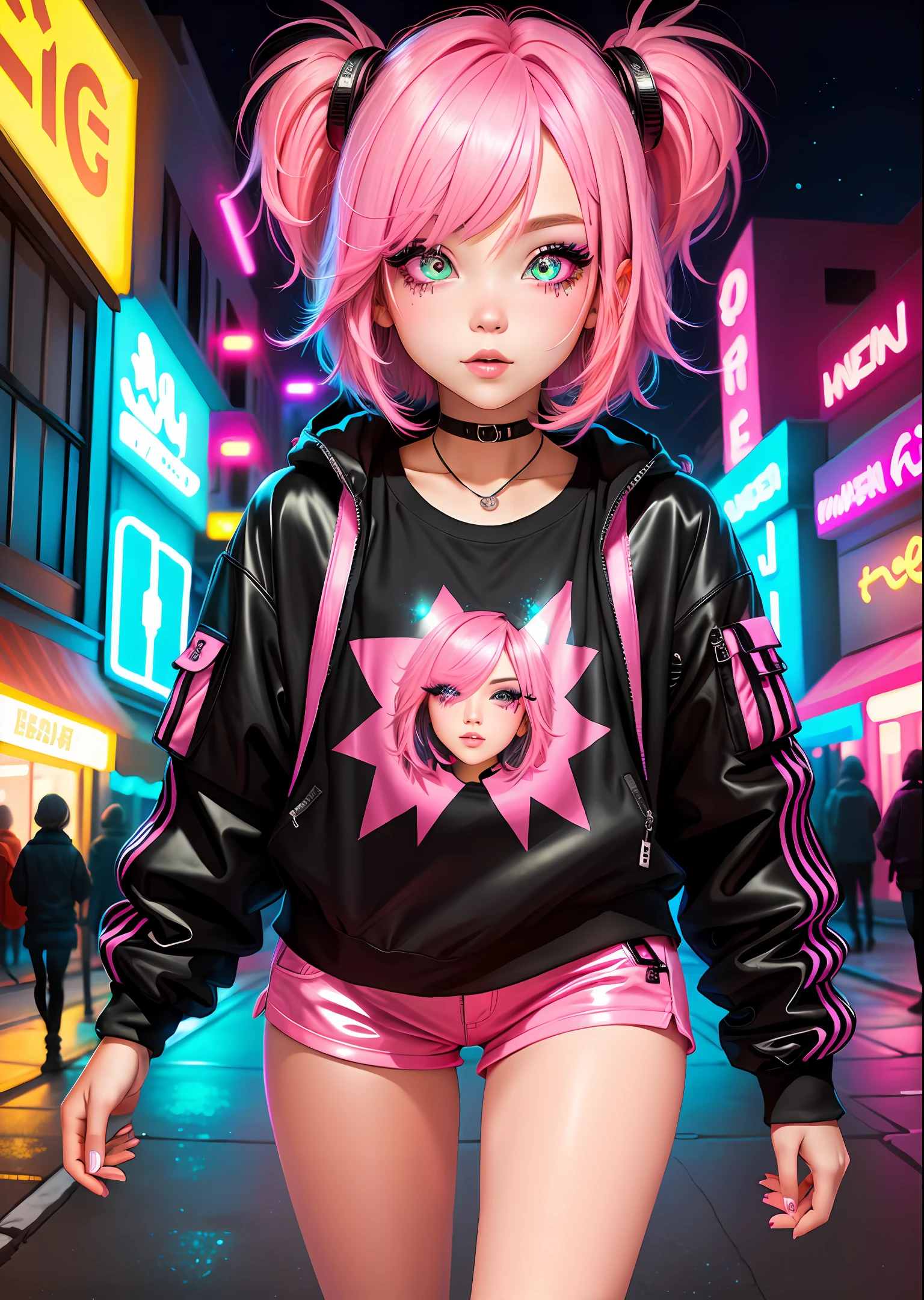pink hair bob cute neon street night girl illustration eyes glitter