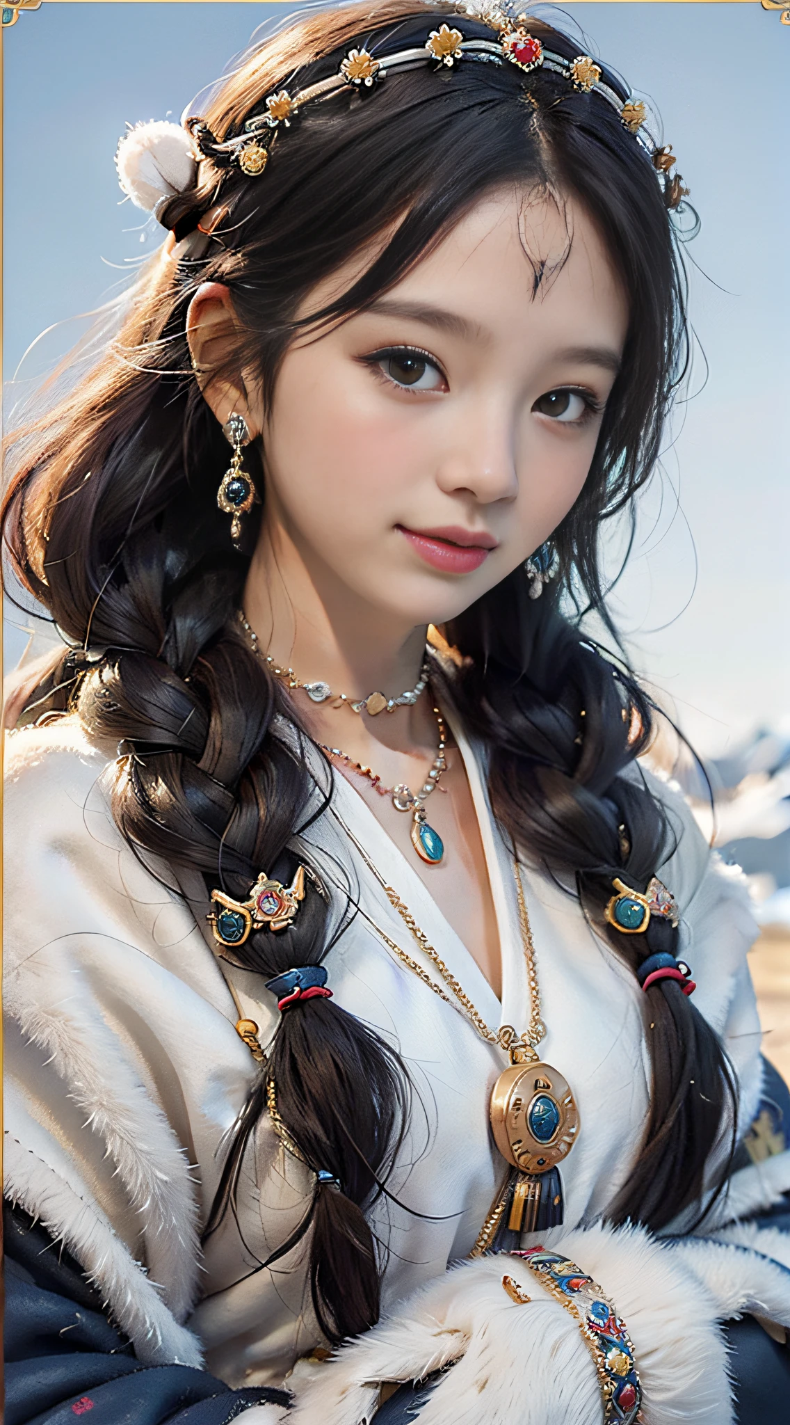 A girl, long braids, Tibetan girl, front close-up, slightly raised head, smile, shallow smile, front photo, upper body, half body photo, Tibetan clothing, colorful clothing, navy blue Tibetan costume, collar with fluff, fluff collar, high-end Tibetan clothing, cumbersome Tibetan clothing design, cold clothing, winter clothing, appearance Yang transcendence, rounded face shape, gorgeous Tibetan clothing, cumbersome Tibetan necklace, cumbersome Tibetan headdress, colorful headband, live CG, sweet style, film style, HD 4K, photography effects, Studio effect, white halo, mythological wind, snowfield background, character core, picture ratio 16:9, mask fresh.