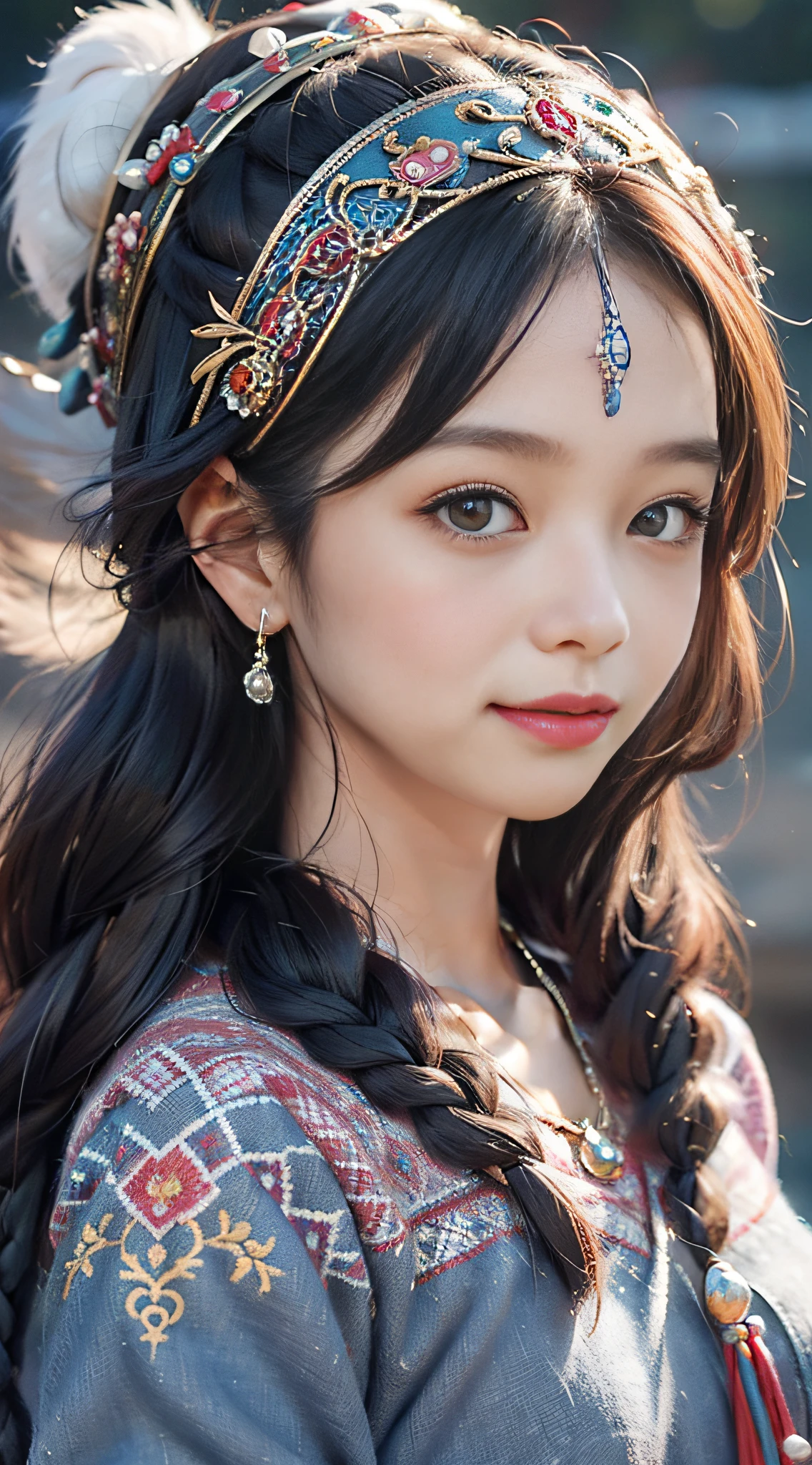 A girl, long braids, Tibetan girl, front close-up, slightly raised head, smile, shallow smile, front photo, upper body, half body photo, Tibetan clothing, colorful clothing, navy blue Tibetan costume, collar with fluff, fluff collar, high-end Tibetan clothing, cumbersome Tibetan clothing design, cold clothing, winter clothing, appearance Yang transcendence, rounded face shape, gorgeous Tibetan clothing, cumbersome Tibetan necklace, cumbersome Tibetan headdress, colorful headband, live CG, sweet style, film style, HD 4K, photography effects, Studio effect, white halo, mythological wind, snowfield background, character core, picture ratio 16:9, mask fresh.