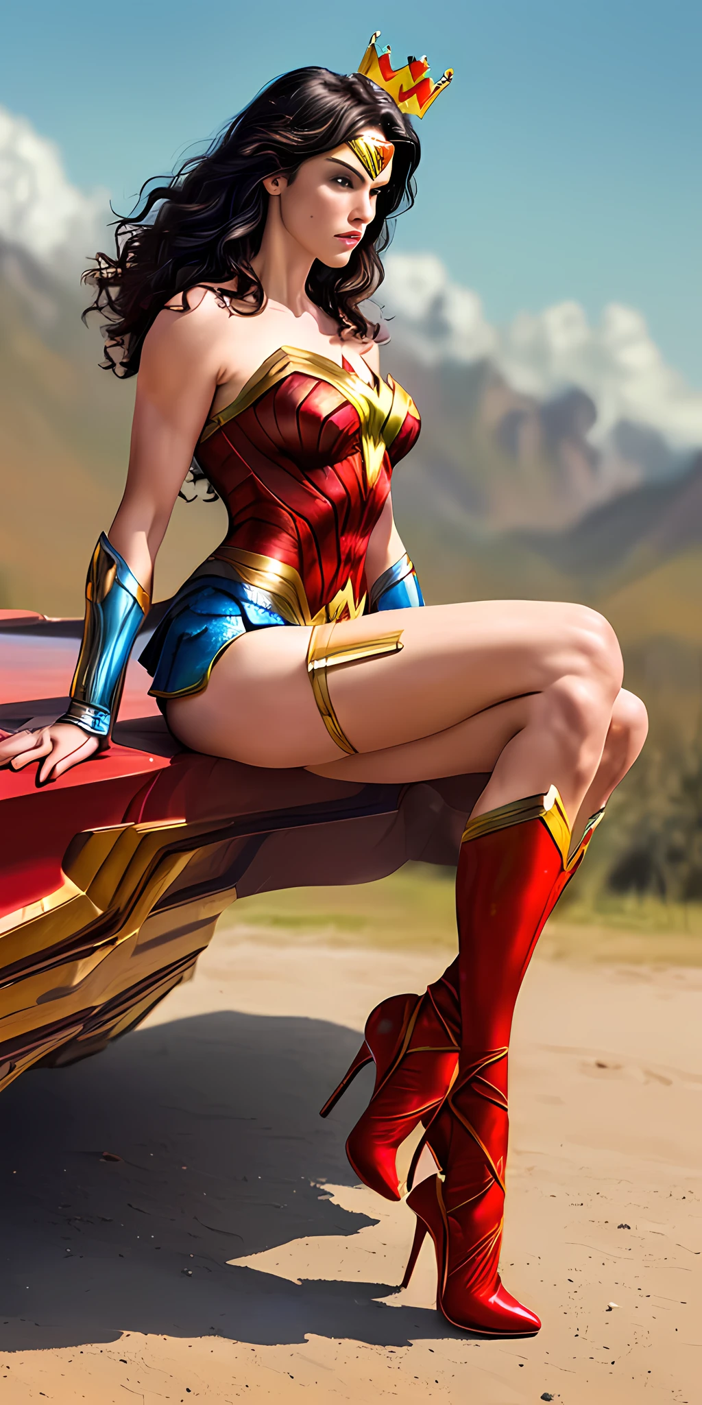 (extremely detailed CG unity 8k wallpaper:1.4),<(masterpiece:1.4), (best quality:1.7), high resolution illustration, (finely detailed eyes and detailed face:1.4), (detail:1.3, best quality, (ultra-detailed), (an extremely delicate and beautiful), (illustration), (painting),(masterpiece:1.5),dynamic angle,floating,sharp focus,(2d:1.7), (best quality:1.3),(illustration:1.1),((dishevelled hair:1.2),(beautiful detailed eyes:1.1), wonder women, puffy nipple, full body, high heels, shoes visible, crown, small natural breasts, sitting cross legged, knee down, pose, plain blurry background