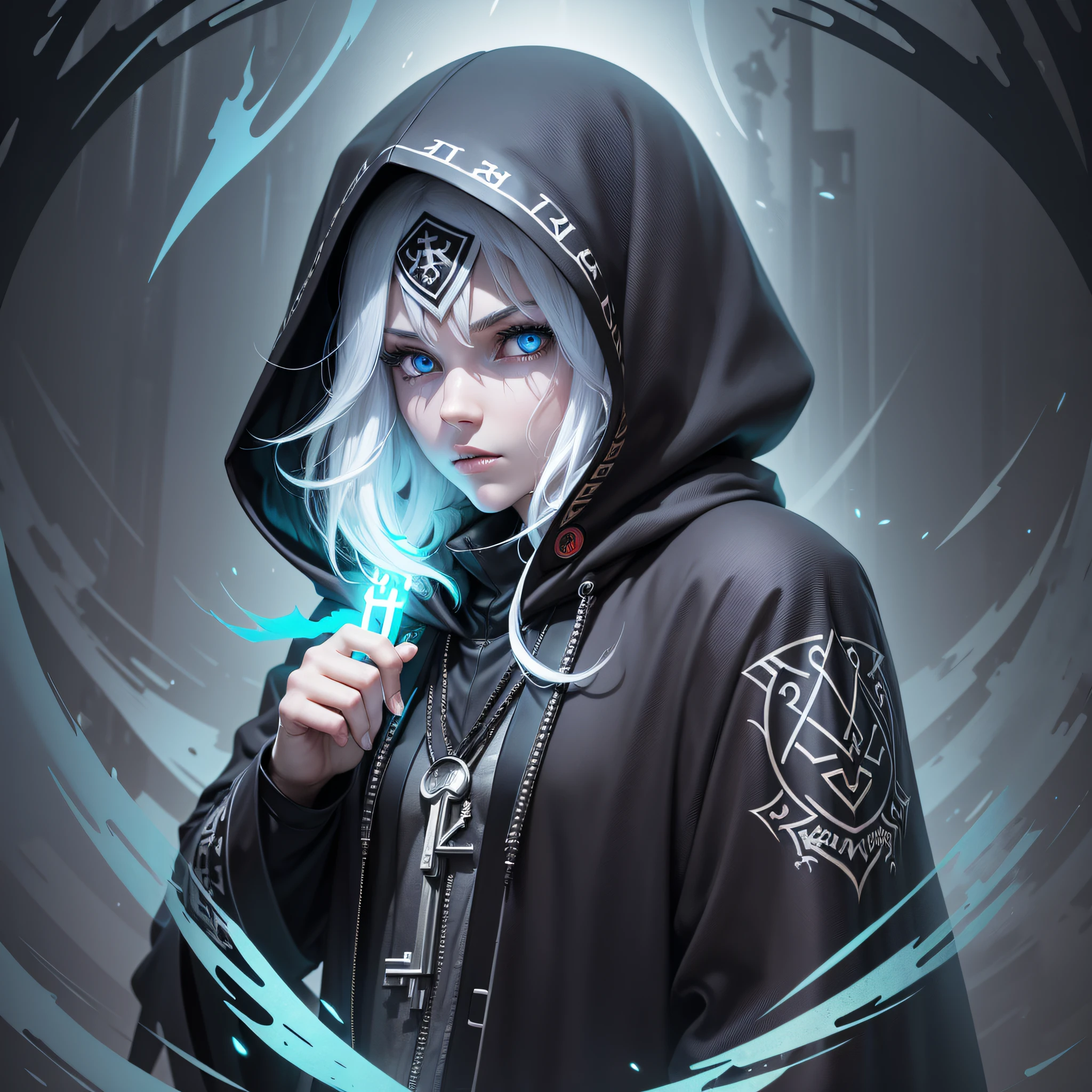 Keywords: ultras member, hooded cloak, ghostly features, key, gatekeeper) Design Style: Mysterious and haunting outlined illustration. Media: Vector. --auto --s2