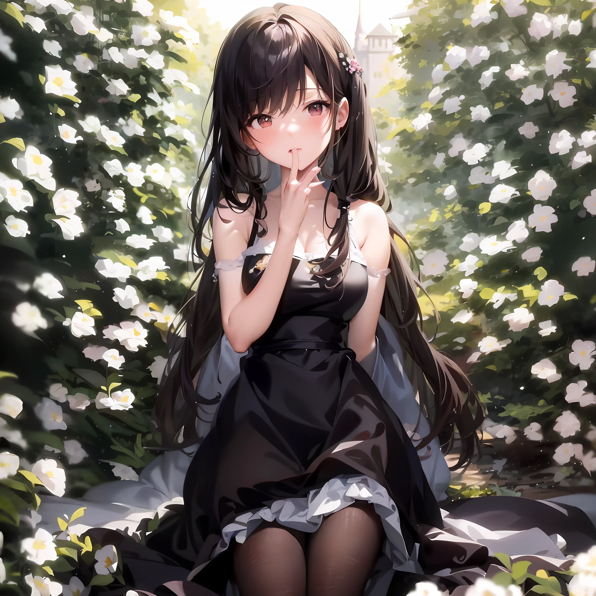 anime girl sitting in a field of flowers with her hands on her chin, loli in dress, beautiful anime girl, guweiz, smooth anime cg art, pretty anime girl, artwork in the style of guweiz, cute anime waifu in a nice dress, guweiz on pixiv artstation, cute anime girl, beautiful anime, beautiful anime woman
