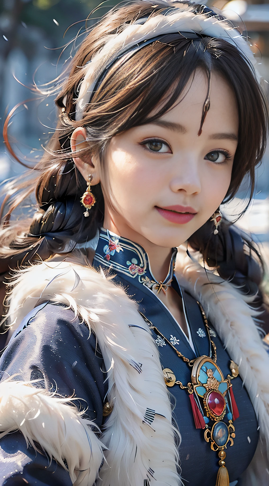 A girl, long braids, Tibetan girl, front close-up, slightly raised head, smile, shallow smile, front photo, upper body, half body photo, Tibetan clothing, colorful clothing, navy blue Tibetan costume, collar with fluff, fluff collar, high-end Tibetan clothing, cumbersome Tibetan clothing design, cold clothing, winter clothing, appearance Yang transcendence, rounded face shape, gorgeous Tibetan clothing, cumbersome Tibetan necklace, cumbersome Tibetan headdress, colorful headband, live CG, sweet style, film style, HD 4K, photography effects, Studio effect, white halo, mythological wind, snowfield background, character core, picture ratio 16:9, mask fresh.