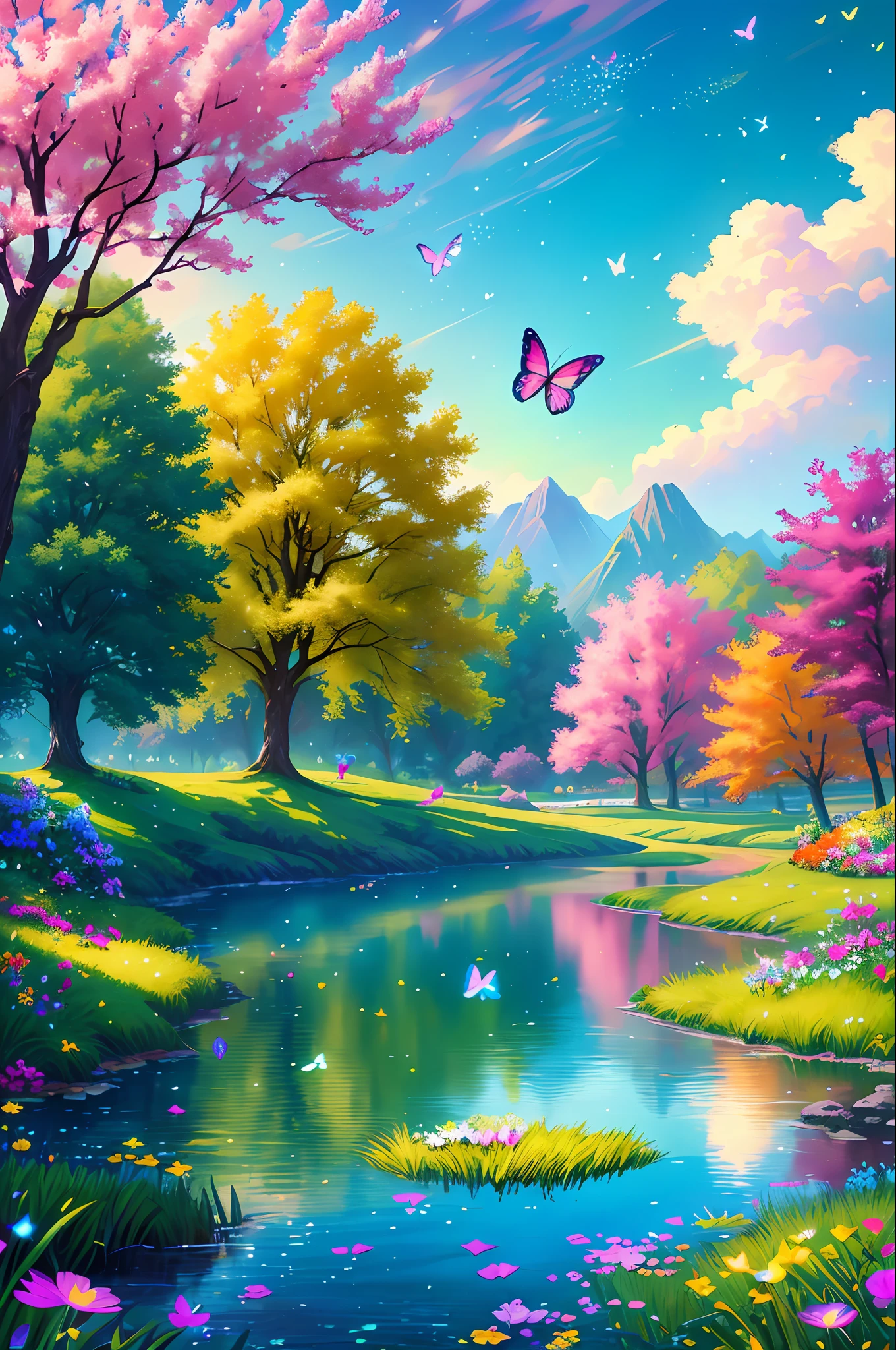 Masterpiece, best quality, high quality, highly detailed cg unity 8k wallpaper, an extremely colorful and pure fantasy environment, vibrant tones and bright skies, bright green grass landscapes, colorful trees, sparkling Fruits and bright blue flowers. The streams were deep blue, and there was a sweet, exotic flavor in the air. Environment seems taken out of a dream, glowing butterflies and huge colorful birds flying around, award winning photography, bokeh, depth of field, HDR, bloom, chromatic aberration, realistic, very detailed, trending on artstation , trending on cgsociety, intricate, high detail, dramatic, midjourney art