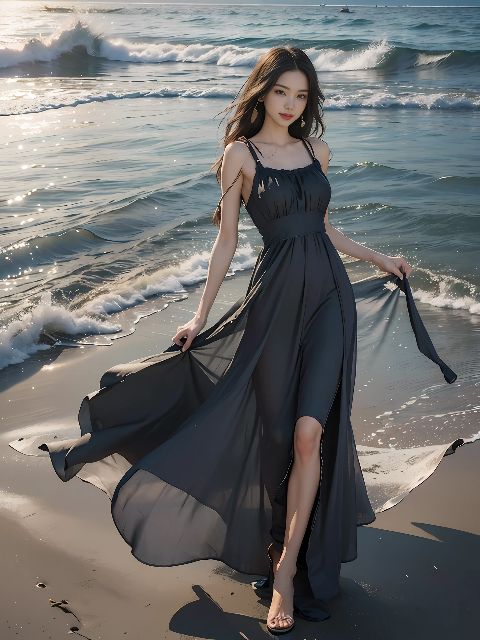 Best quality,masterpiece, ultra high res, (photorealistic:1.4), raw photo,(slender legs),(beautiful hands),1girl,solo,standing,((maxi dress:1.5)),in the dark, deep shadow,(jimmy choo), (floating colorful wind:1) ,(full body),Perfect eyes, perfect face, Beach, sea, smile,low key, Slim figure, ((golden ratio figure)), ((perfect long legs))