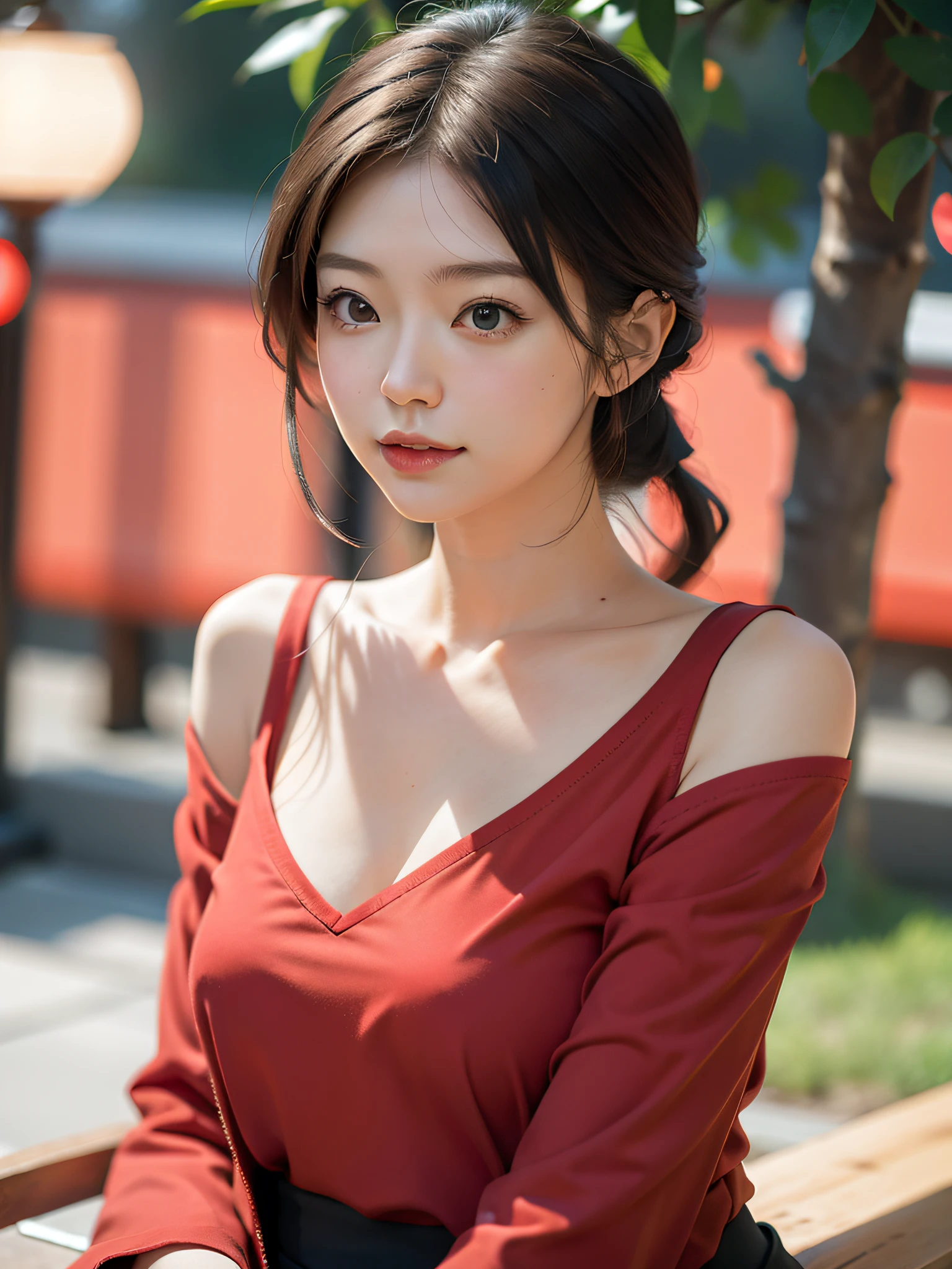 woman,japanese,red shirt,bare shoulders,realistic details, high resolution,bokeh,outstanding details