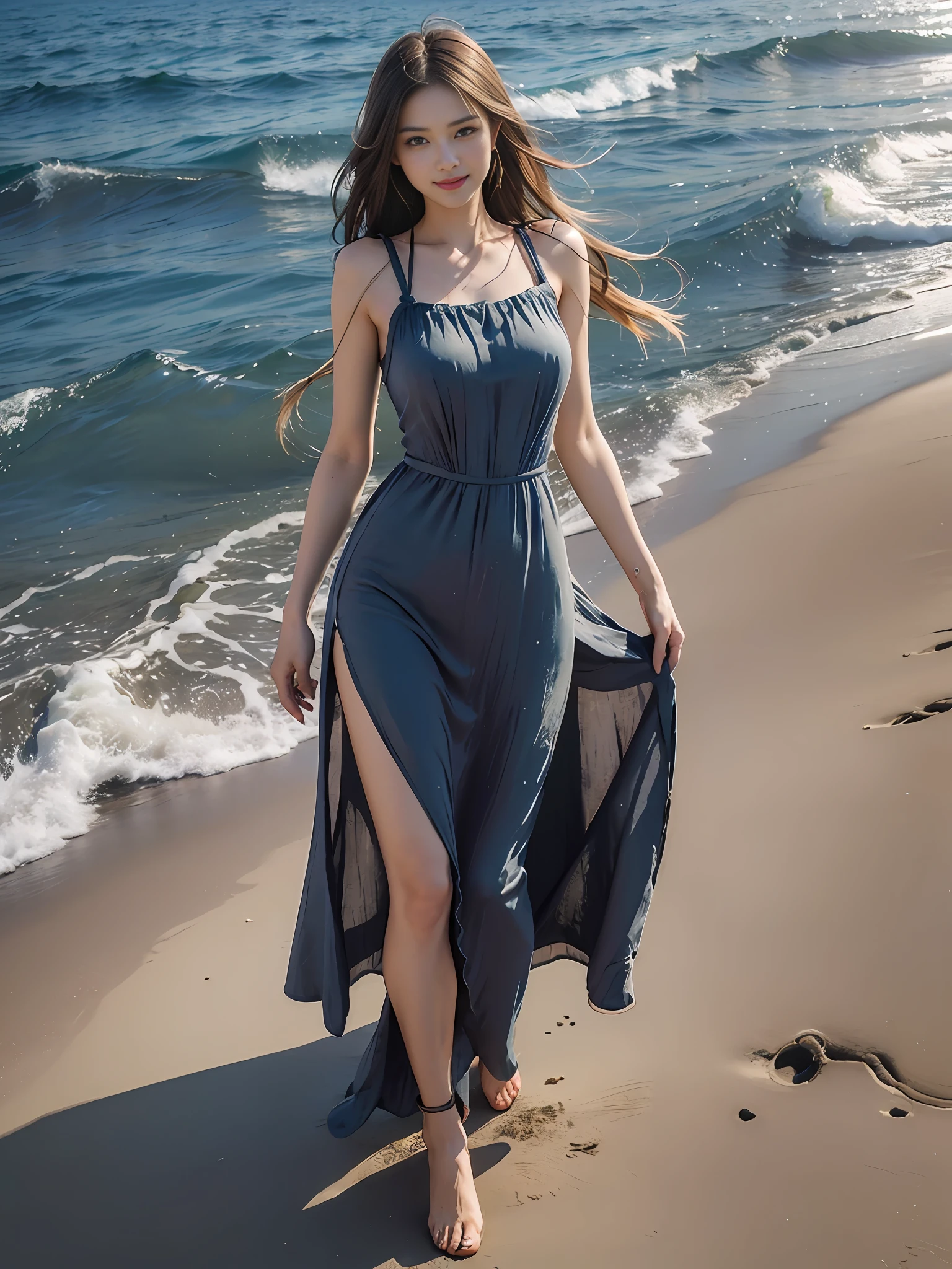 Best quality,masterpiece, ultra high res, (photorealistic:1.4), raw photo,(slender legs),(beautiful hands),1girl,solo,standing,((maxi dress:1.5)),in the dark, deep shadow,(jimmy choo), (floating colorful wind:1) ,(full body),Perfect eyes, perfect face, Beach, sea, smile,low key, Slim figure, ((golden ratio figure)), ((perfect long legs))