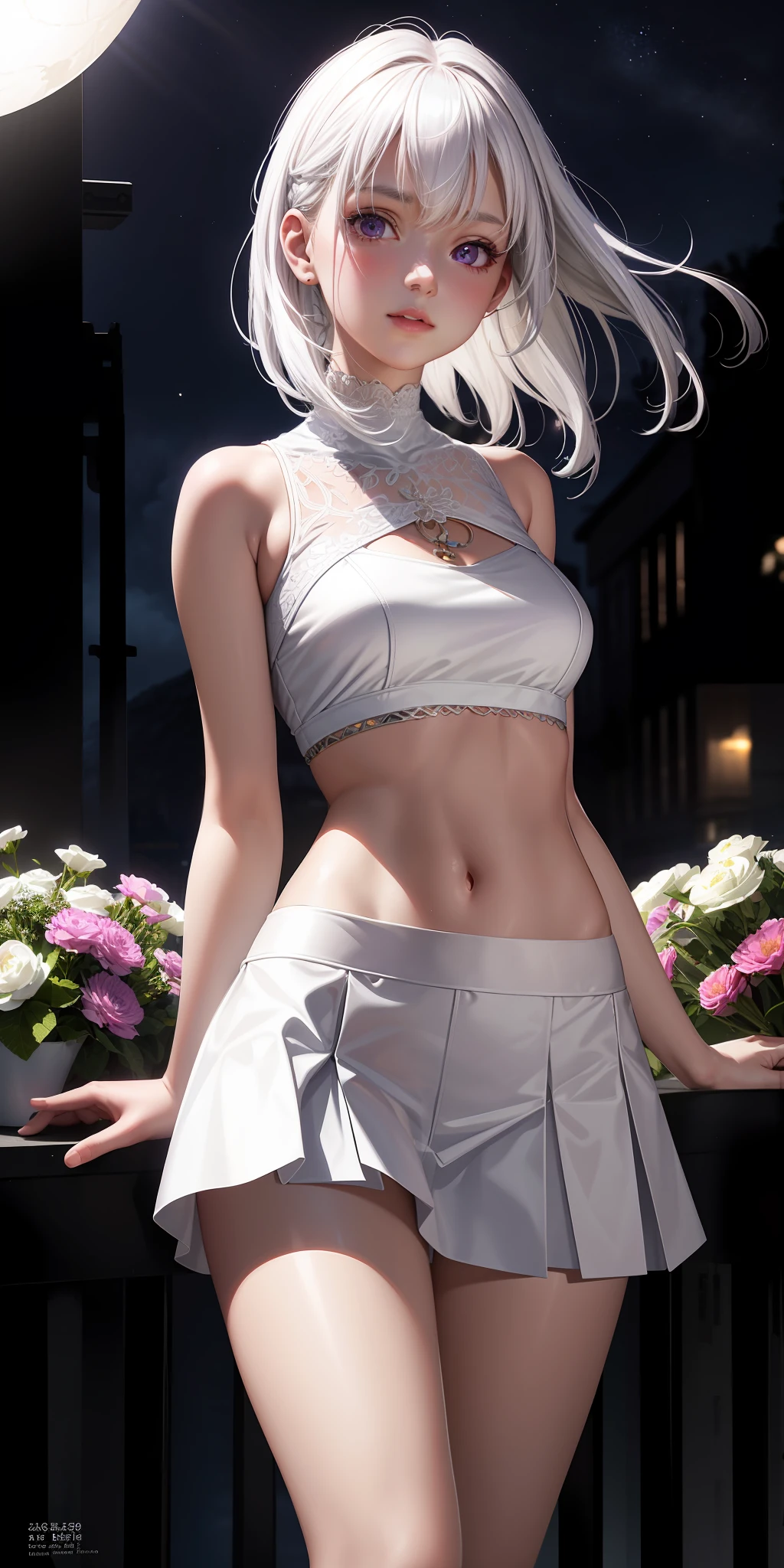 Realistic, 1girl, white hair, purple eyes, glowing eyes, cropped top, skirt, parted lips, blush, night, flowers, sun, sunlight, white skirt, short skirt, medium length hair, real, warm colors, white short Dress, white clothes, light background color, day environment, bright color background, saudi, ocean, cute,