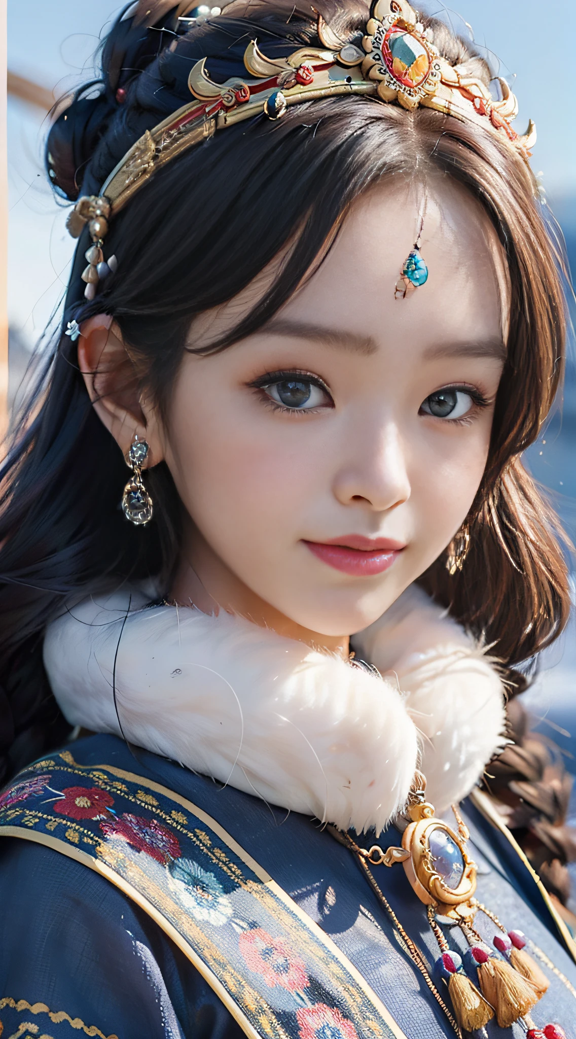 A girl, long braids, Tibetan girl, front close-up, slightly raised head, smile, shallow smile, front photo, upper body, half body photo, Tibetan clothing, colorful clothing, navy blue Tibetan costume, collar with fluff, fluff collar, high-end Tibetan clothing, cumbersome Tibetan clothing design, cold clothing, winter clothing, appearance Yang transcendence, rounded face shape, gorgeous Tibetan clothing, cumbersome Tibetan necklace, cumbersome Tibetan headdress, colorful headband, live CG, sweet style, film style, HD 4K, photography effects, Studio effect, white halo, mythological wind, snowfield background, character core, picture ratio 16:9, mask fresh.