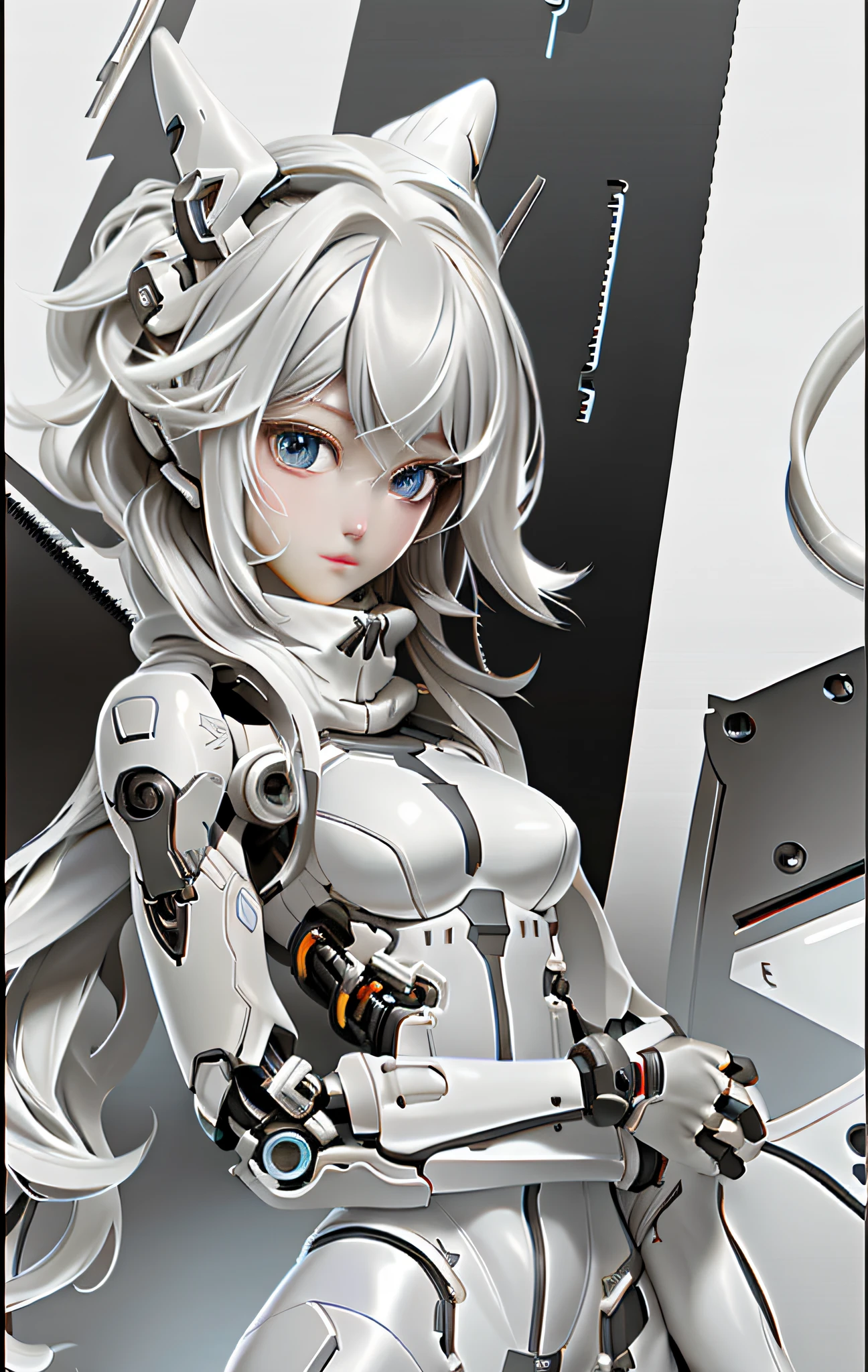 Extremely cute human eighteen-year-old girl face, human torso, human big boobs, human abdomen, human hips, robotic arms, mechanical legs, arms and legs with hard white shiny shell and black joints, very pretty and feminine, short, petite, small, small, plump buttocks, medium bust, cleavage display, flat belly display, partial helmet with antenna on the ear, black robot joints, very stylish, award-winning product design, black rubber tights, The shiny white metal breastplate opens at the cleavage and abdomen, the white metal buttocks are wrinkled, and the armor has stylish, glowing trims