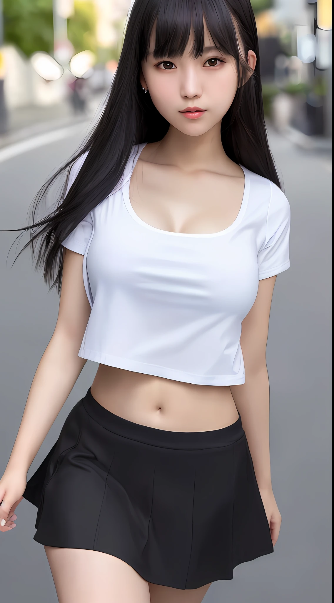 Best quality, super detail, masterpiece, fine detail, high resolution, portrait, 8k wallpaper, realistic details, clothing details, skin details, detailed eyes, photoshop \ (medium \), slim body, 1 girl, Japan people, 20 years old, beautiful eyes, bare skin, well-formed face, bangs, blunt bangs, huge, wearing a uniform, (pleasant expression), mouth open, navel visible, close-up, Wearing a short skirt, white skin, long hair, black hair, chest sticking out of a t-shirt, walking on the street, hard breasts