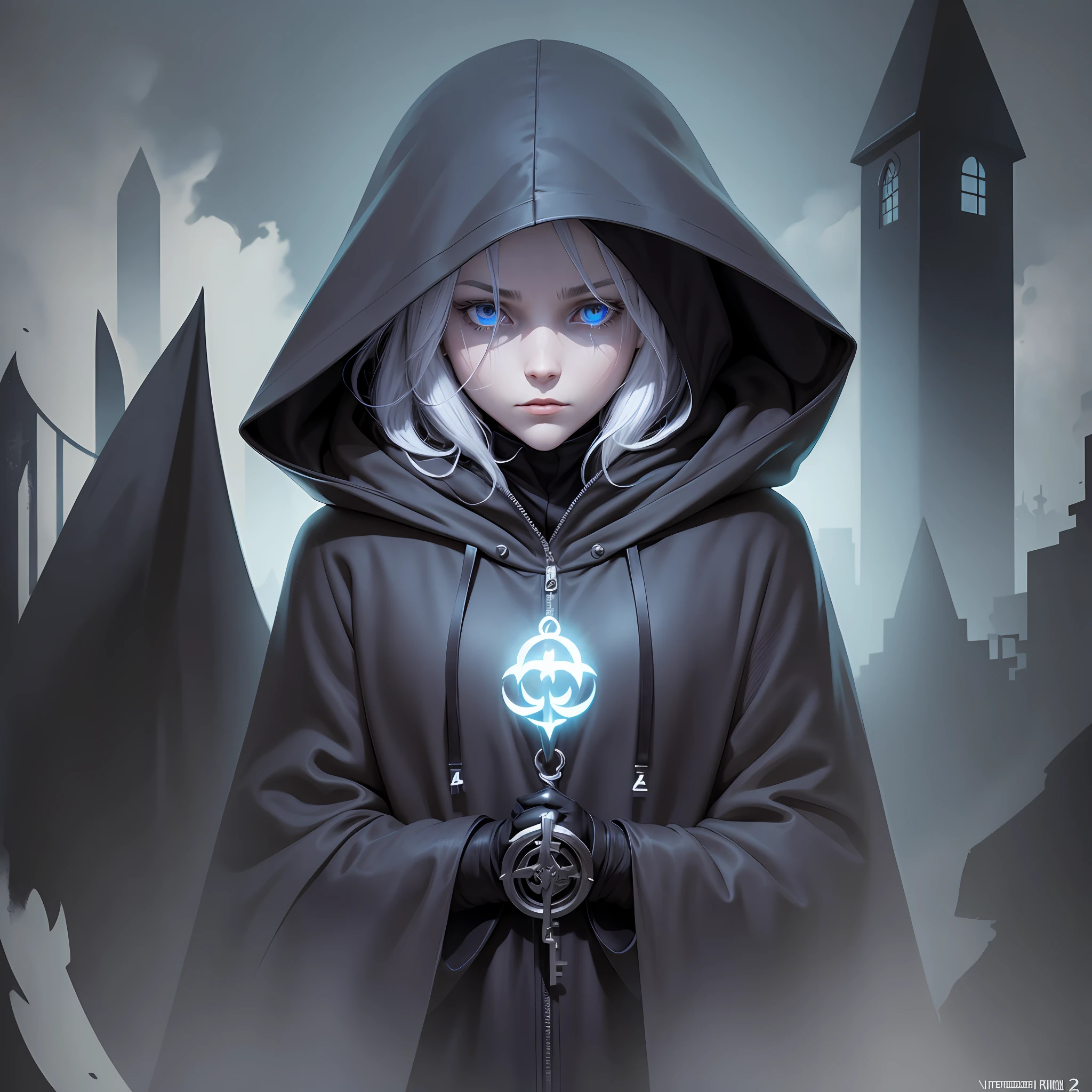 Keywords: ultras member, hooded cloak, ghostly features, key, gatekeeper) Design Style: Mysterious and haunting outlined illustration. Media: Vector. --auto --s2