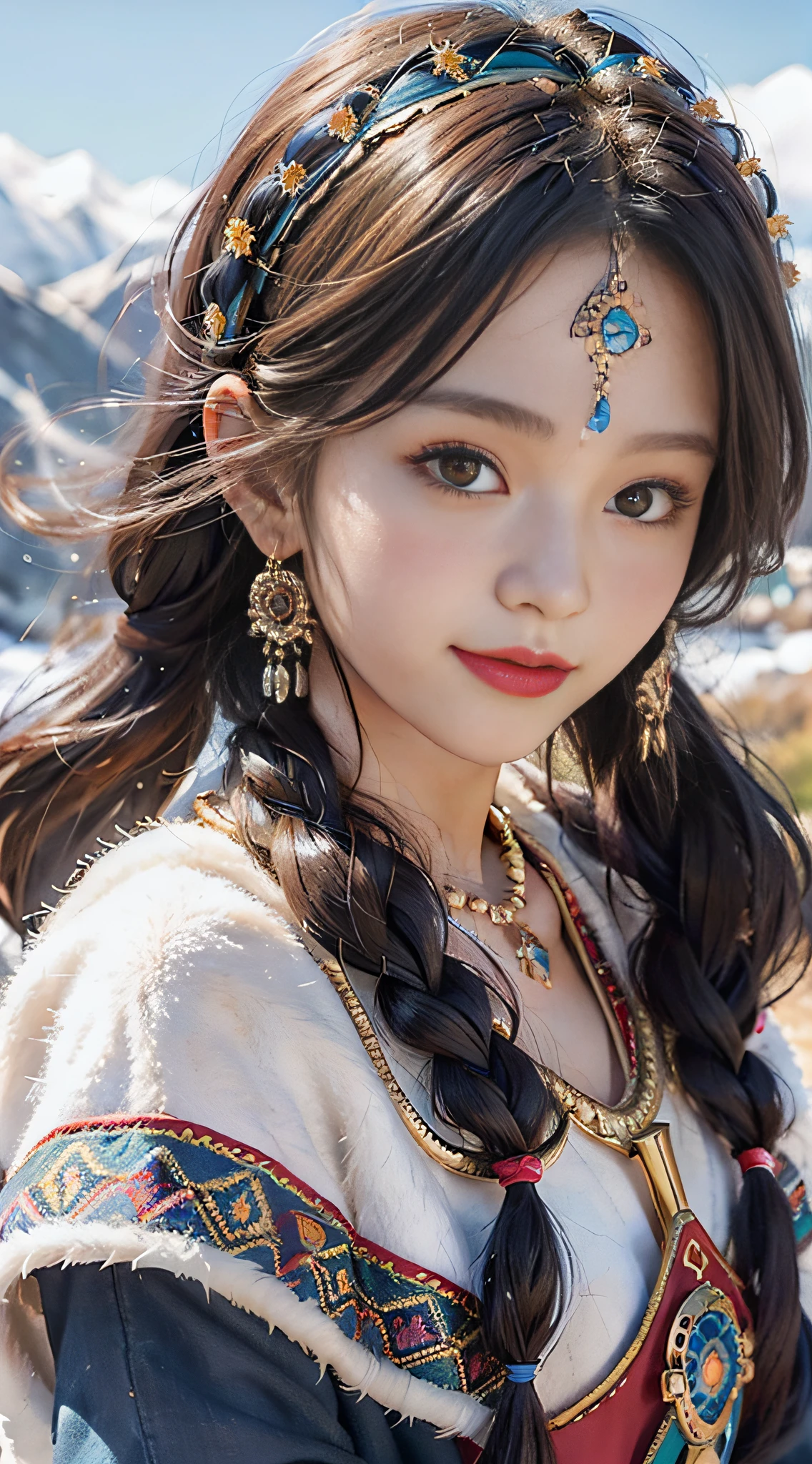 A girl, long braids, Tibetan girl, front close-up, slightly raised head, smile, shallow smile, front photo, upper body, half body photo, Tibetan clothing, colorful clothing, navy blue Tibetan costume, collar with fluff, fluff collar, high-end Tibetan clothing, cumbersome Tibetan clothing design, cold clothing, winter clothing, appearance Yang transcendence, rounded face shape, gorgeous Tibetan clothing, cumbersome Tibetan necklace, cumbersome Tibetan headdress, colorful headband, live CG, sweet style, film style, HD 4K, photography effects, Studio effect, white halo, mythological wind, snowfield background, character core, picture ratio 16:9, mask fresh.