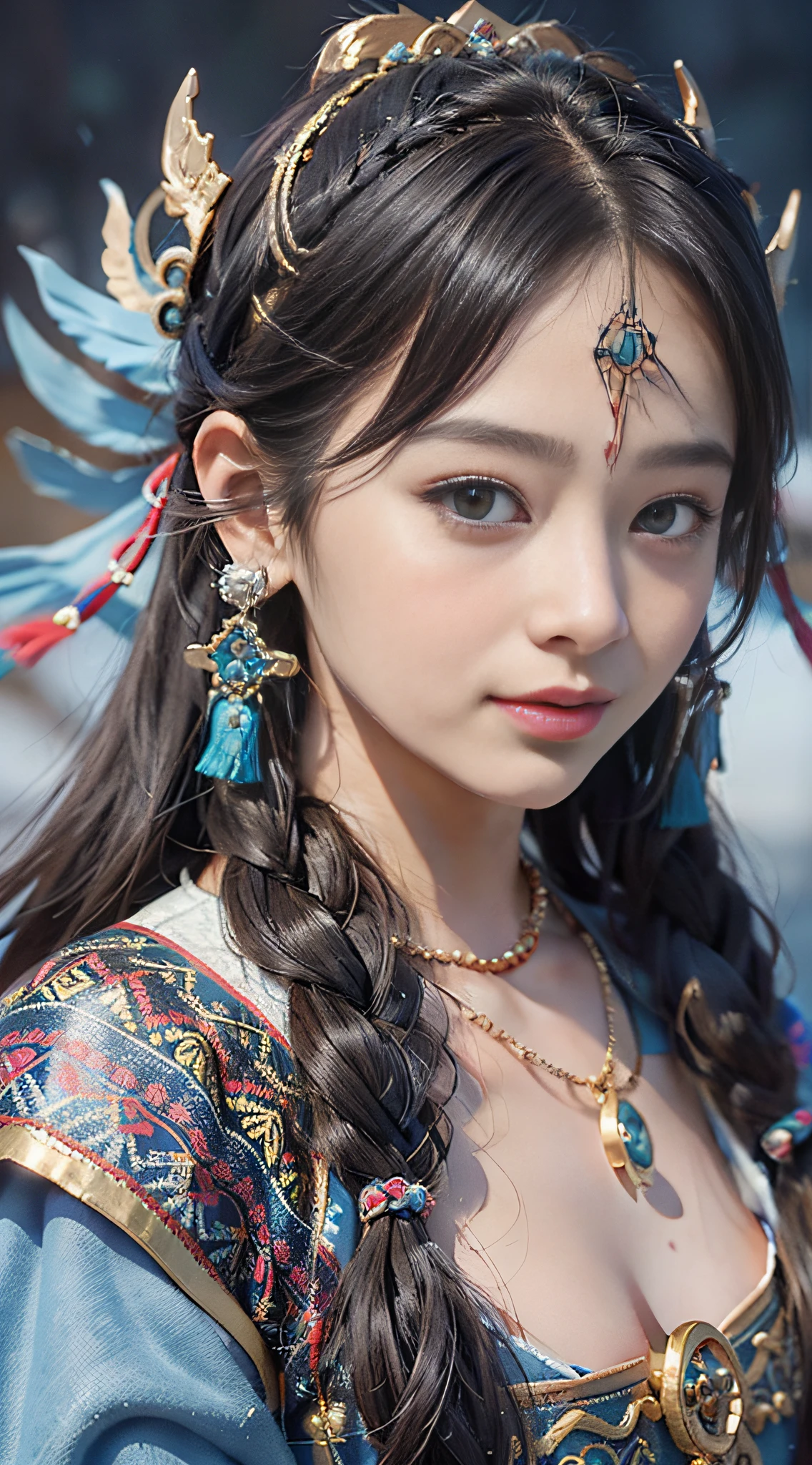 A girl, long braids, Tibetan girl, front close-up, slightly raised head, smile, shallow smile, front photo, upper body, half body photo, Tibetan clothing, colorful clothing, navy blue Tibetan costume, collar with fluff, fluff collar, high-end Tibetan clothing, cumbersome Tibetan clothing design, cold clothing, winter clothing, appearance Yang transcendence, rounded face shape, gorgeous Tibetan clothing, cumbersome Tibetan necklace, cumbersome Tibetan headdress, colorful headband, live CG, sweet style, film style, HD 4K, photography effects, Studio effect, white halo, mythological wind, snowfield background, character core, picture ratio 16:9, mask fresh.