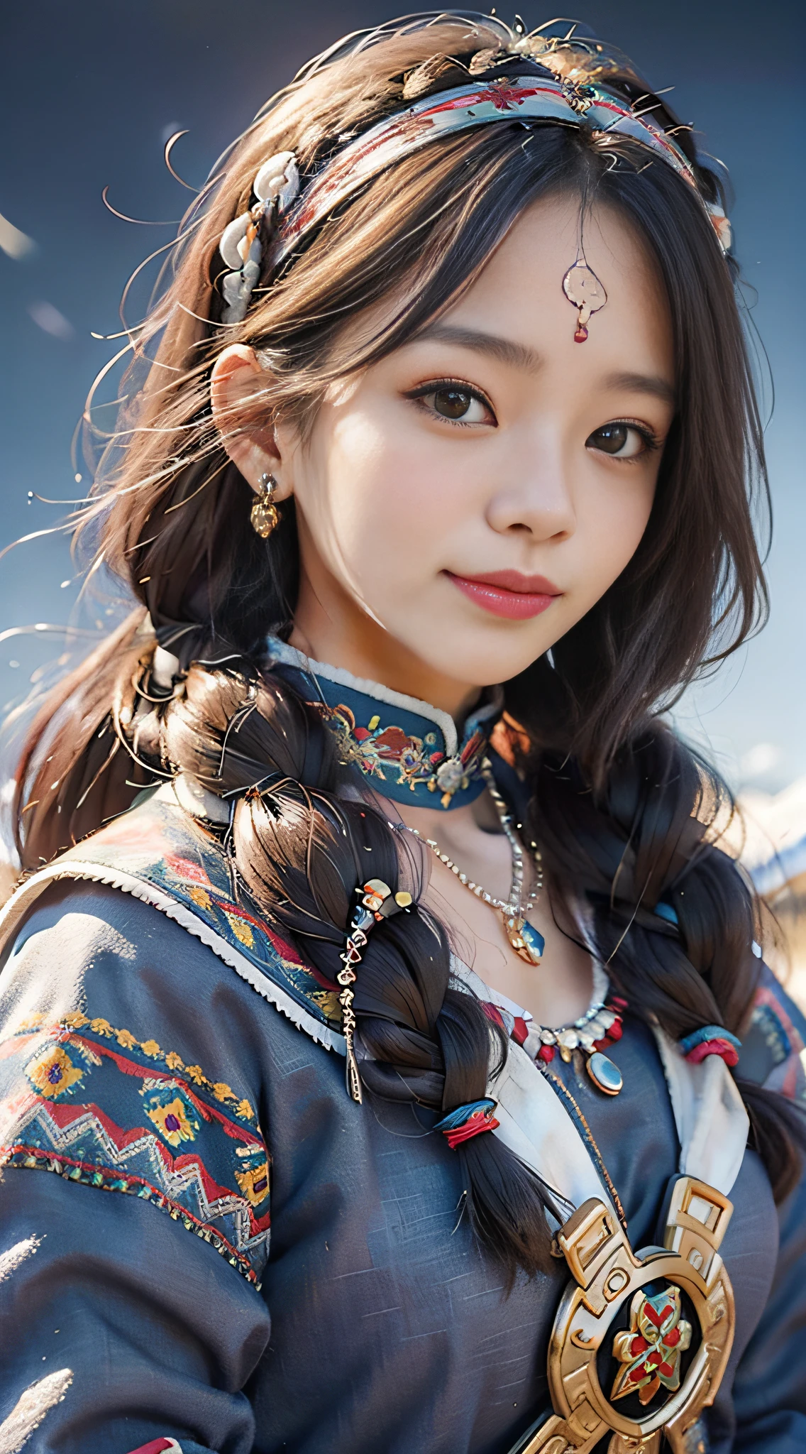 A girl, long braids, Tibetan girl, front close-up, slightly raised head, smile, shallow smile, front photo, upper body, half body photo, Tibetan clothing, colorful clothing, navy blue Tibetan costume, collar with fluff, fluff collar, high-end Tibetan clothing, cumbersome Tibetan clothing design, cold clothing, winter clothing, appearance Yang transcendence, rounded face shape, gorgeous Tibetan clothing, cumbersome Tibetan necklace, cumbersome Tibetan headdress, colorful headband, live CG, sweet style, film style, HD 4K, photography effects, Studio effect, white halo, mythological wind, snowfield background, character core, picture ratio 16:9, mask fresh.