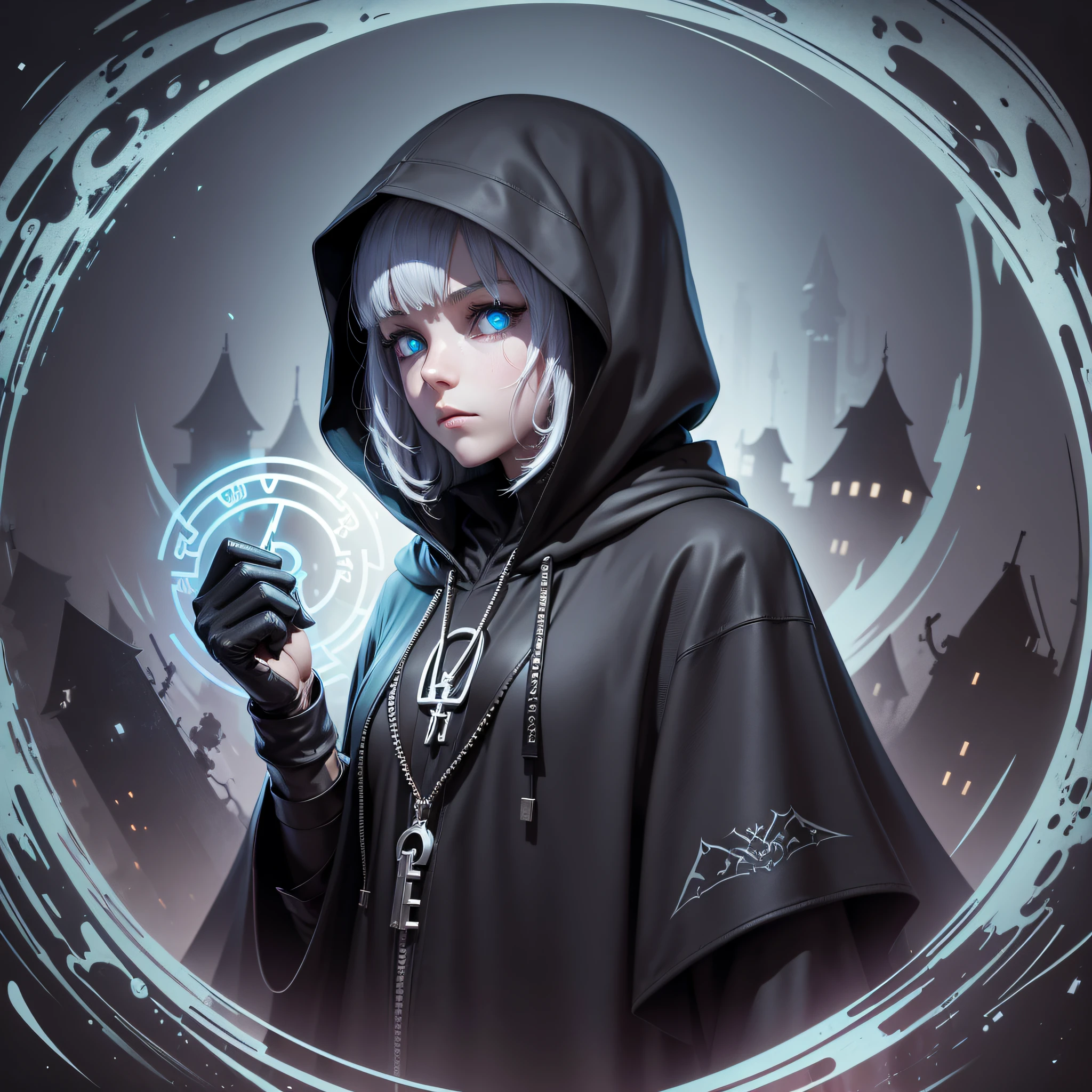 Keywords: ultras member, hooded cloak, ghostly features, key, gatekeeper) Design Style: Mysterious and haunting outlined illustration. Media: Vector. --auto --s2