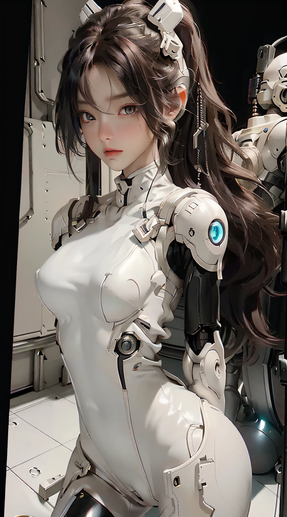 Extremely cute human  girl face, human torso, human huge boobs, human abdomen, human hips, robotic arms, mechanical legs, arms and legs with hard white shiny shell and black joints, very beautiful and feminine, short, petite, small, small, busty buttocks, medium bust, cleavage display, flat belly display, partial helmet with antenna on the ear, black robot joints, very stylish, award-winning product design, black rubber tights, The shiny white metal breastplate opens at the cleavage and abdomen, the white metal buttocks are wrinkled, and the armor has stylish, glowing trims