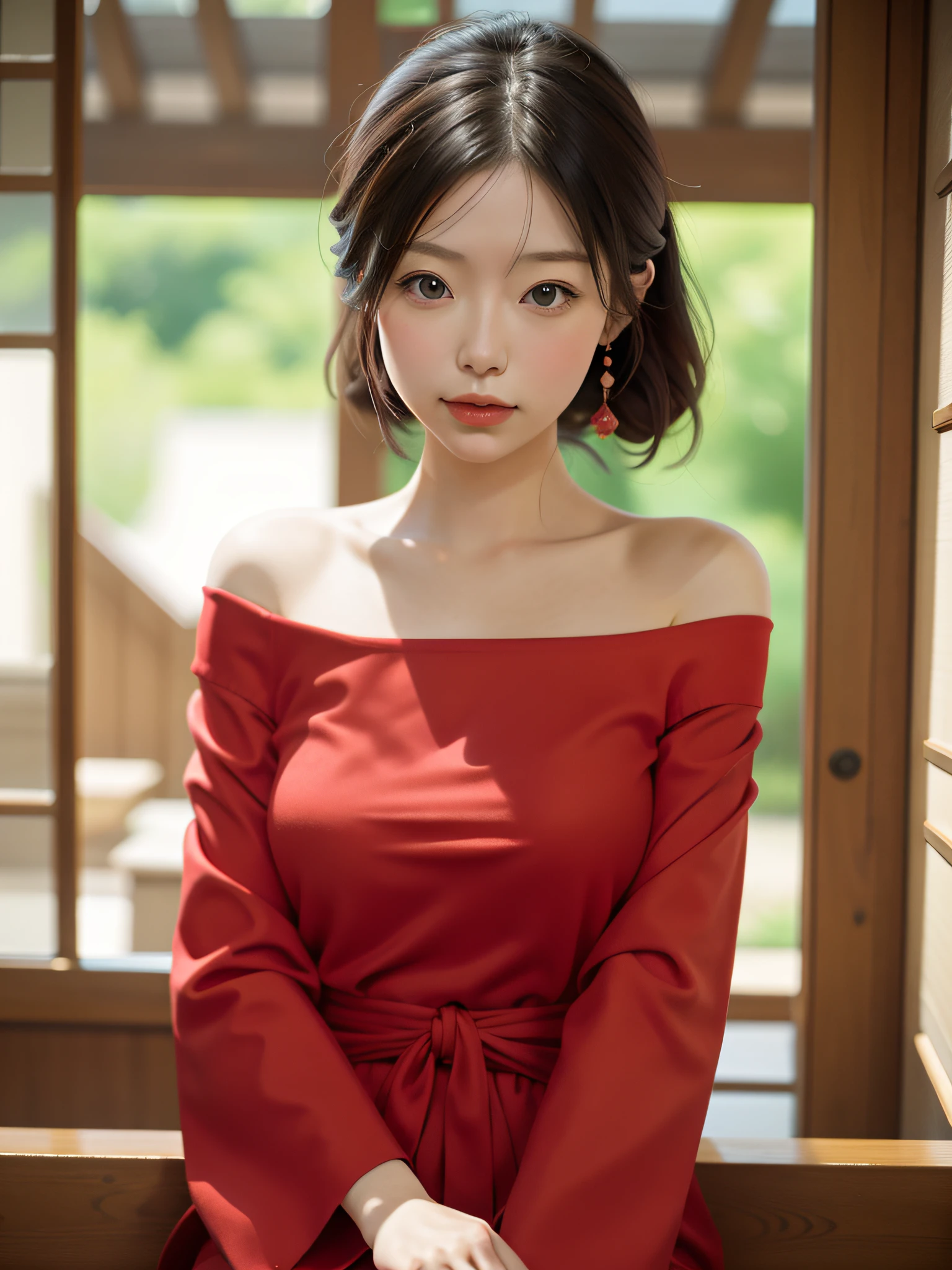 woman,japanese,red shirt,bare shoulders,realistic details, high resolution,bokeh,outstanding details