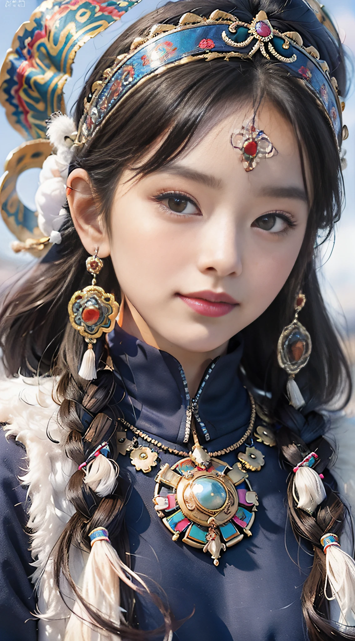 A girl, long braids, Tibetan girl, front close-up, slightly raised head, smile, shallow smile, front photo, upper body, half body photo, Tibetan clothing, colorful clothing, navy blue Tibetan costume, collar with fluff, fluff collar, high-end Tibetan clothing, cumbersome Tibetan clothing design, cold clothing, winter clothing, appearance Yang transcendence, rounded face shape, gorgeous Tibetan clothing, cumbersome Tibetan necklace, cumbersome Tibetan headdress, colorful headband, live CG, sweet style, film style, HD 4K, photography effects, Studio effect, white halo, mythological wind, snowfield background, character core, picture ratio 16:9, mask fresh.