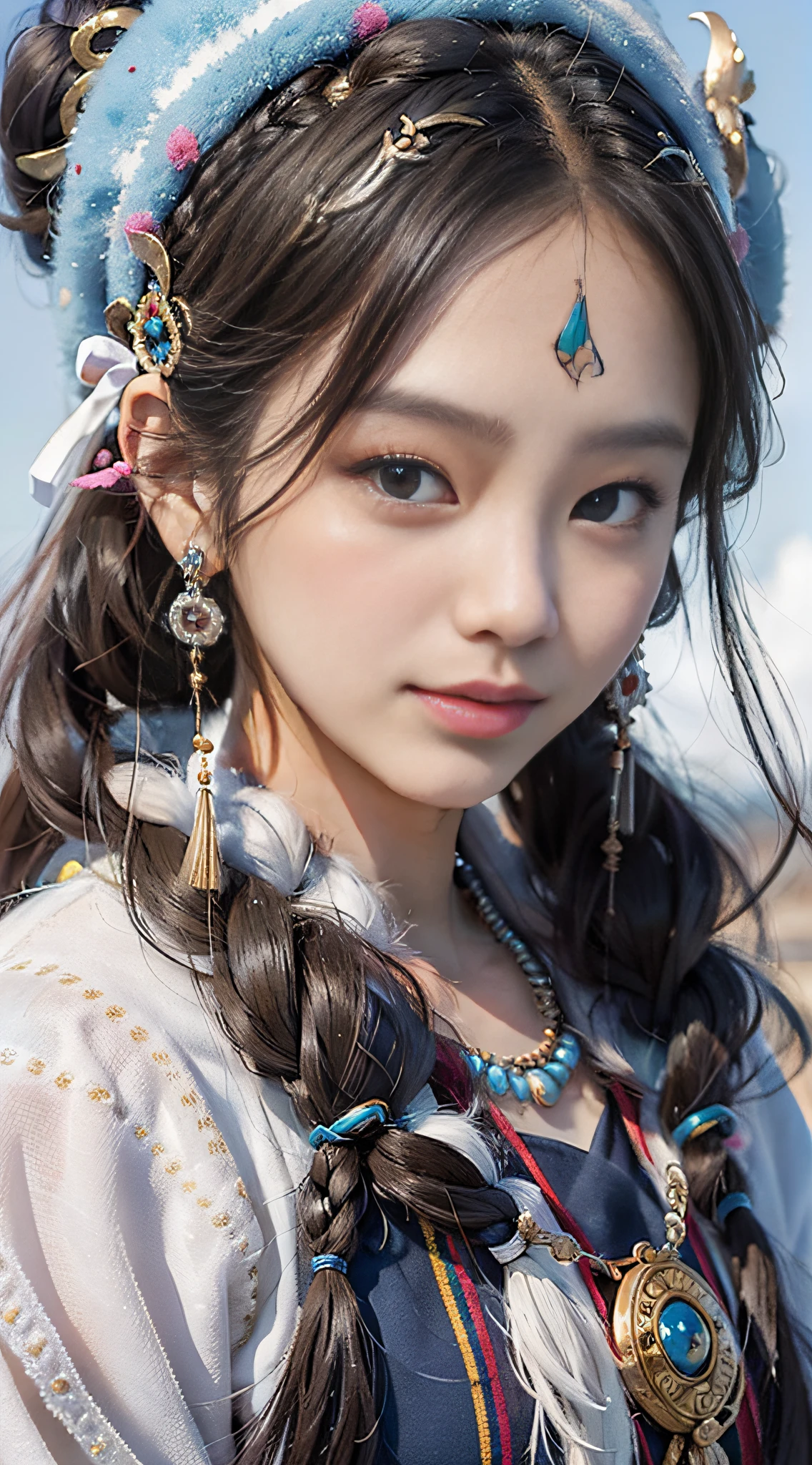 A girl, long braids, Tibetan girl, front close-up, slightly raised head, smile, shallow smile, front photo, upper body, half body photo, Tibetan clothing, colorful clothing, navy blue Tibetan costume, collar with fluff, fluff collar, high-end Tibetan clothing, cumbersome Tibetan clothing design, cold clothing, winter clothing, appearance Yang transcendence, rounded face shape, gorgeous Tibetan clothing, cumbersome Tibetan necklace, cumbersome Tibetan headdress, colorful headband, live CG, sweet style, film style, HD 4K, photography effects, Studio effect, white halo, mythological wind, snowfield background, character core, picture ratio 16:9, mask fresh.