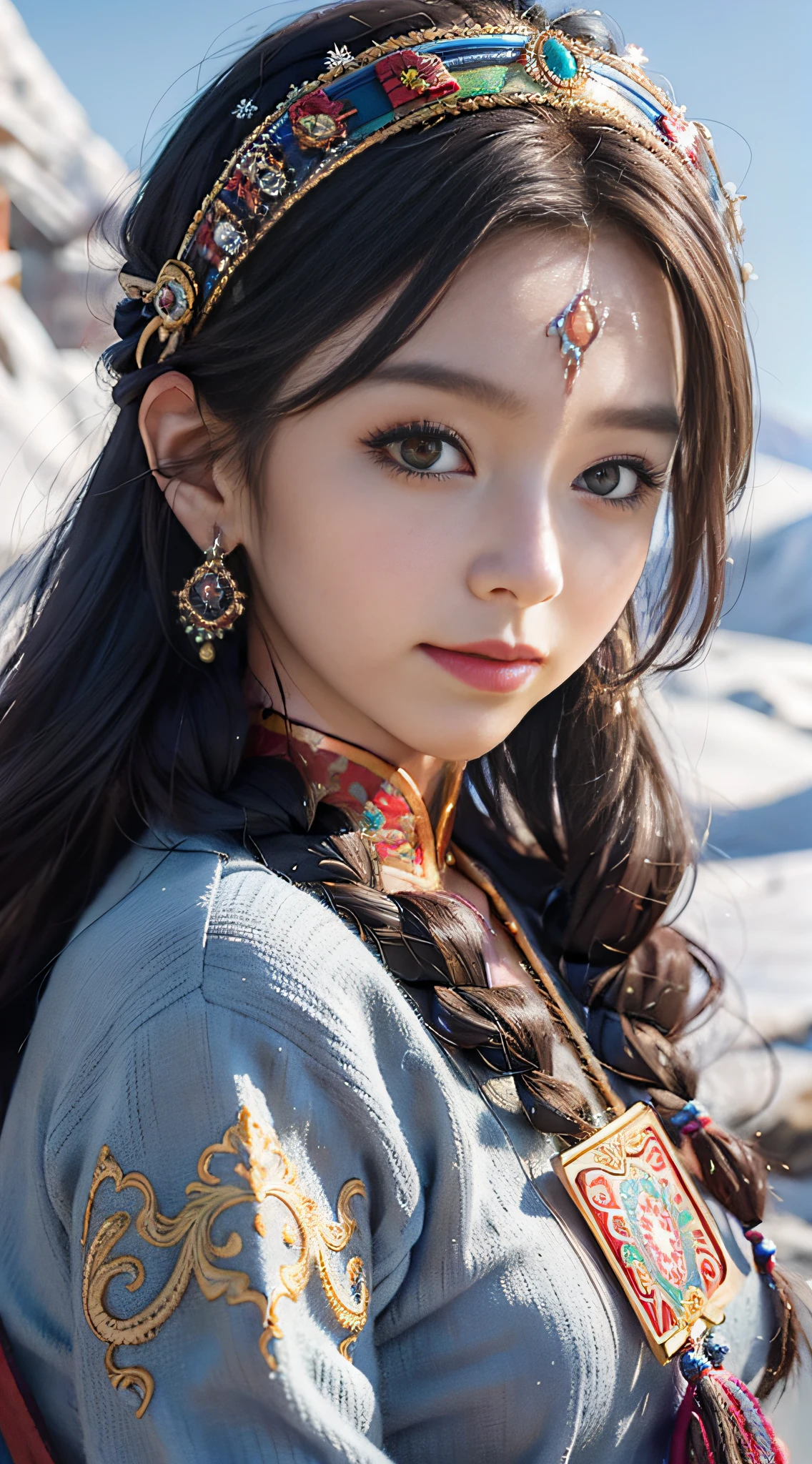 A girl, long braids, Tibetan girl, front close-up, slightly raised head, smile, shallow smile, front photo, upper body, half body photo, Tibetan clothing, colorful clothing, navy blue Tibetan costume, collar with fluff, fluff collar, high-end Tibetan clothing, cumbersome Tibetan clothing design, cold clothing, winter clothing, appearance Yang transcendence, rounded face shape, gorgeous Tibetan clothing, cumbersome Tibetan necklace, cumbersome Tibetan headdress, colorful headband, live CG, sweet style, film style, HD 4K, photography effects, Studio effect, white halo, mythological wind, snowfield background, character core, picture ratio 16:9, mask fresh.