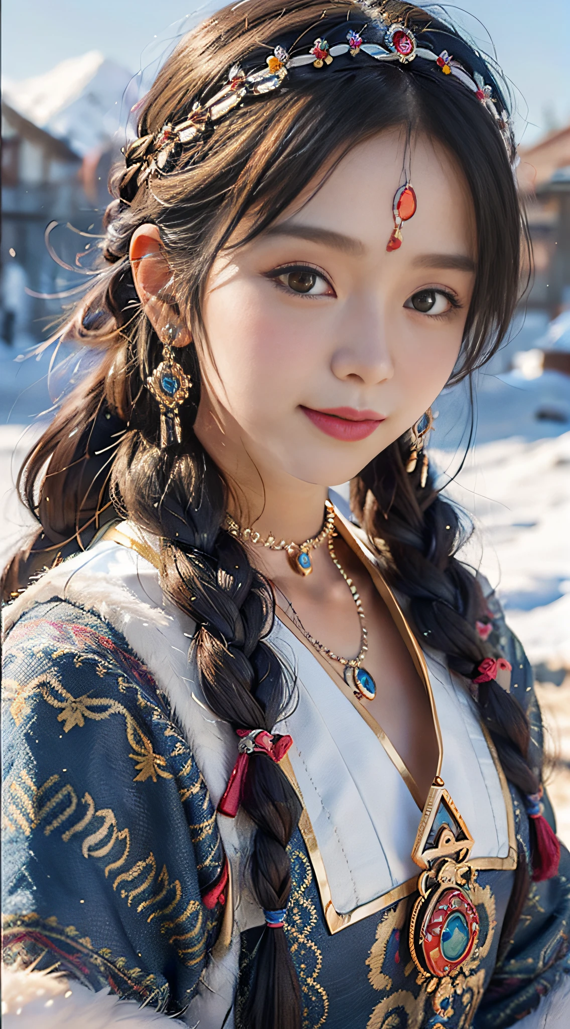 A girl, long braids, Tibetan girl, front close-up, slightly raised head, smile, shallow smile, front photo, upper body, half body photo, Tibetan clothing, colorful clothing, navy blue Tibetan costume, collar with fluff, fluff collar, high-end Tibetan clothing, cumbersome Tibetan clothing design, cold clothing, winter clothing, appearance Yang transcendence, rounded face shape, gorgeous Tibetan clothing, cumbersome Tibetan necklace, cumbersome Tibetan headdress, colorful headband, live CG, sweet style, film style, HD 4K, photography effects, Studio effect, white halo, mythological wind, snowfield background, character core, picture ratio 16:9, mask fresh.