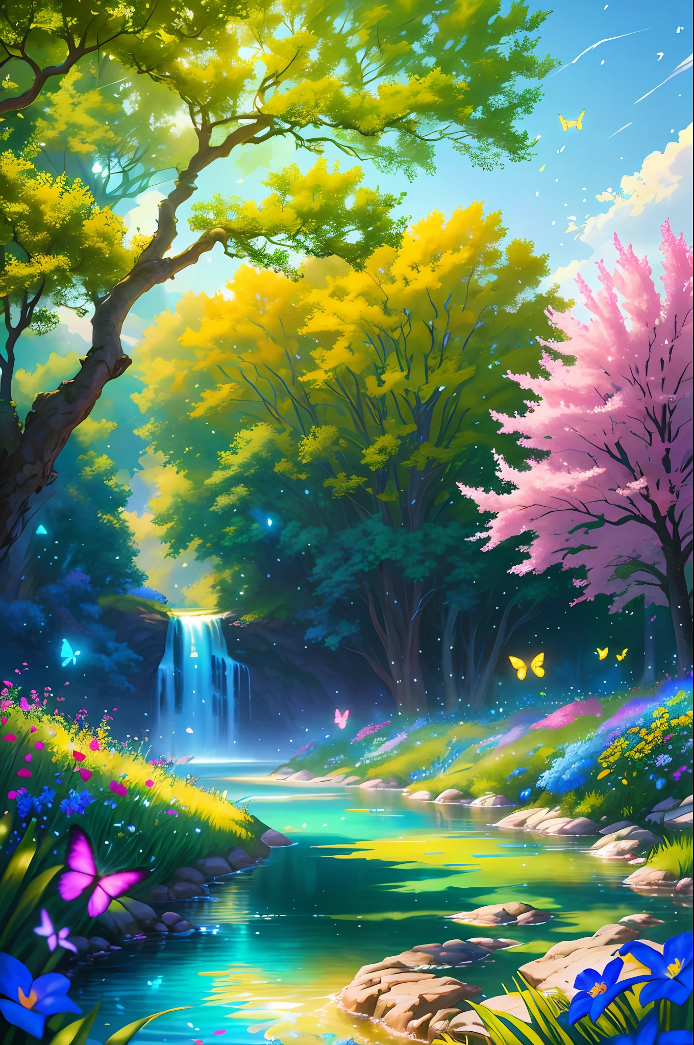 Masterpiece, best quality, high quality, highly detailed cg unity 8k wallpaper, an extremely colorful and pure fantasy environment, vibrant tones and bright skies, bright green grass landscapes, colorful trees, sparkling Fruits and bright blue flowers. The streams were deep blue, and there was a sweet, exotic flavor in the air. Environment seems taken out of a dream, glowing butterflies and huge colorful birds flying around, award winning photography, bokeh, depth of field, HDR, bloom, chromatic aberration, realistic, very detailed, trending on artstation , trending on cgsociety, intricate, high detail, dramatic, midjourney art