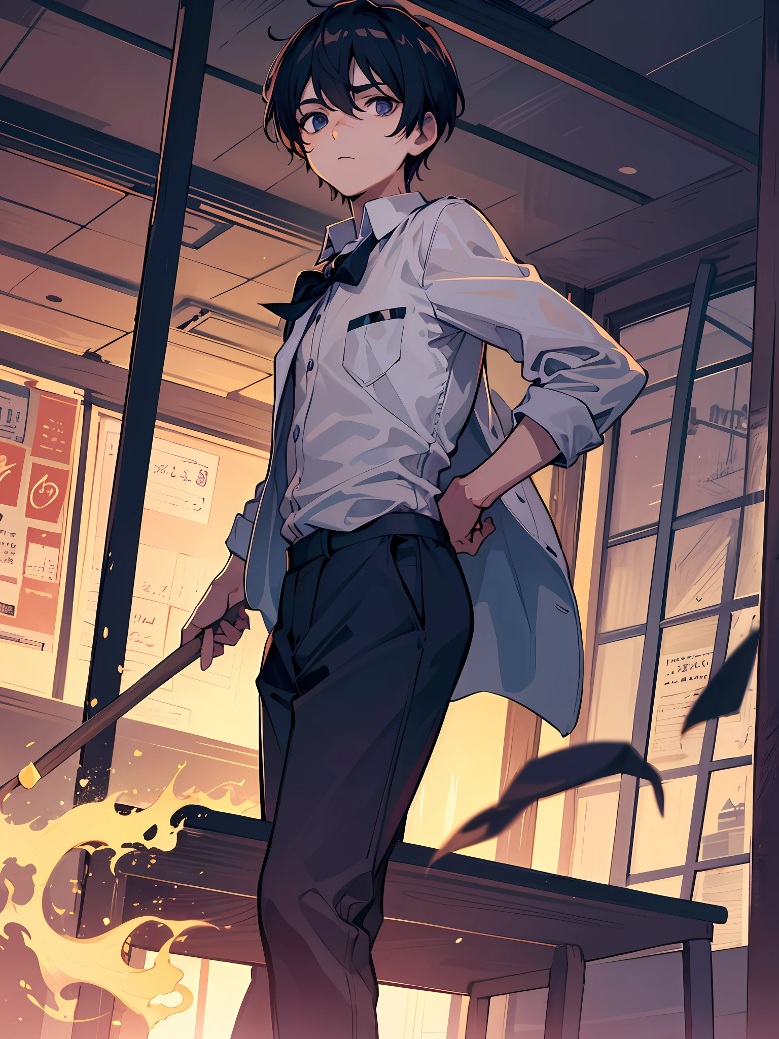 The artwork depicts a boy in a school uniform holding a wooden stick in the backdrop of a classroom. The whole picture creates an atmosphere of tension and unease, making people feel uneasy and scared.

The colors of the picture may be dull, creating a feeling of oppression and tension. The boy is holding a wooden stick in his hand, which makes people feel that he may be out of control or violent, and his eyes may also be wild and dangerous, making people feel very nervous and frightened.